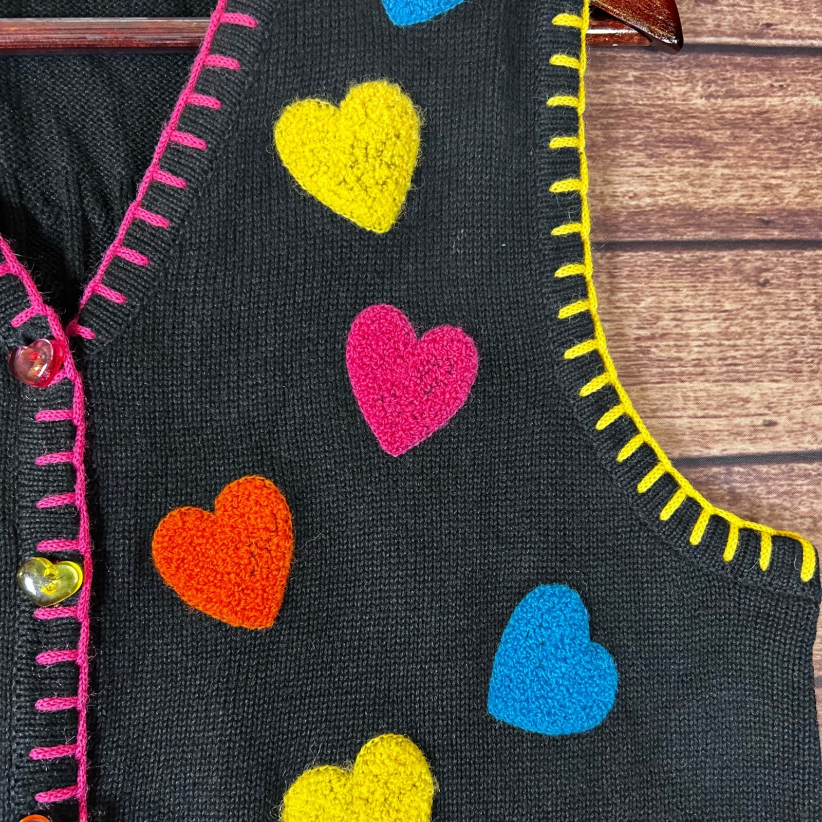 Marisa Christina Vintage Heart Patch Sweater Vest Black Multi Color Buttons M