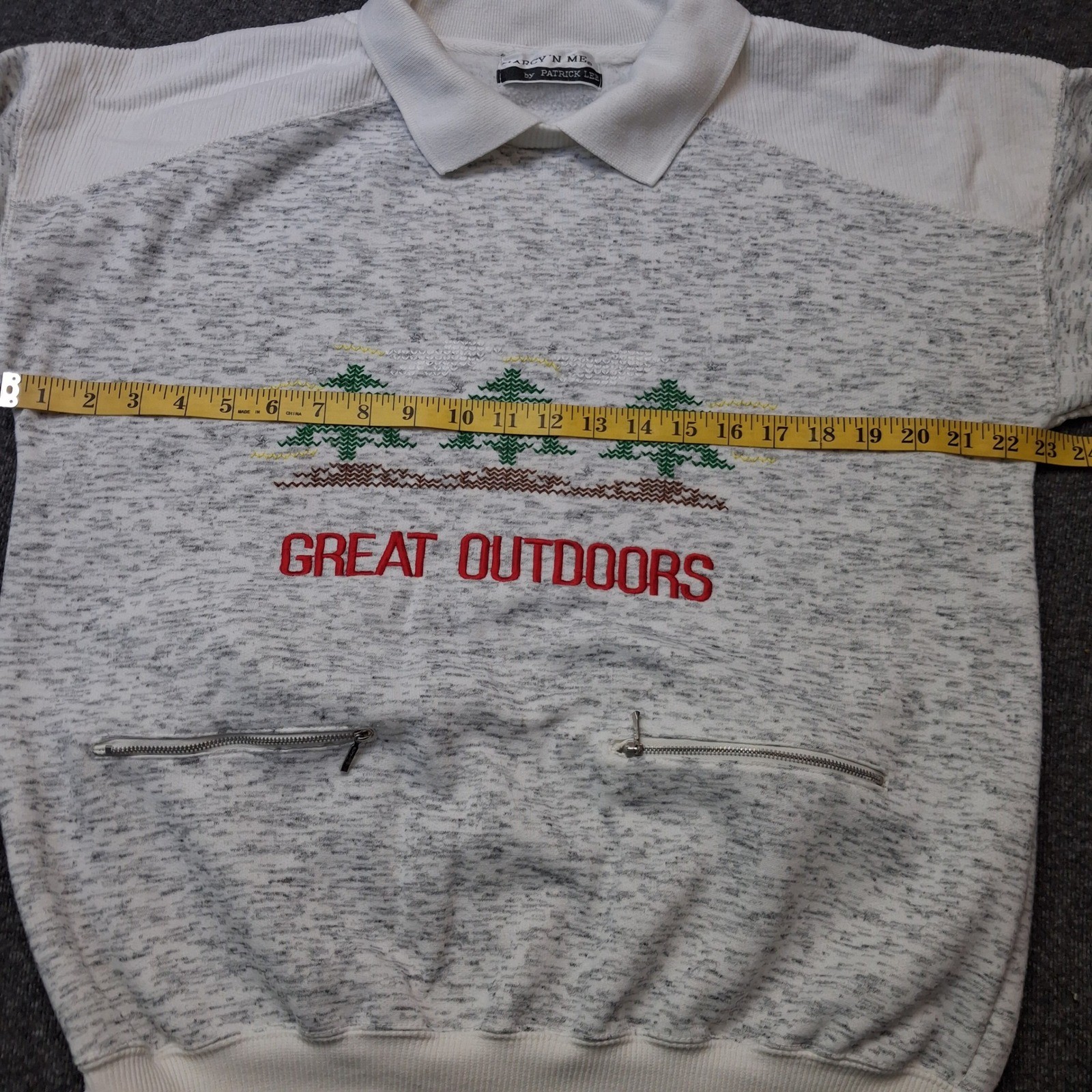 Marcy N Me Patrick Lee VTG Great Outdoors Sweatshirt Grey White Zipper Pocket
