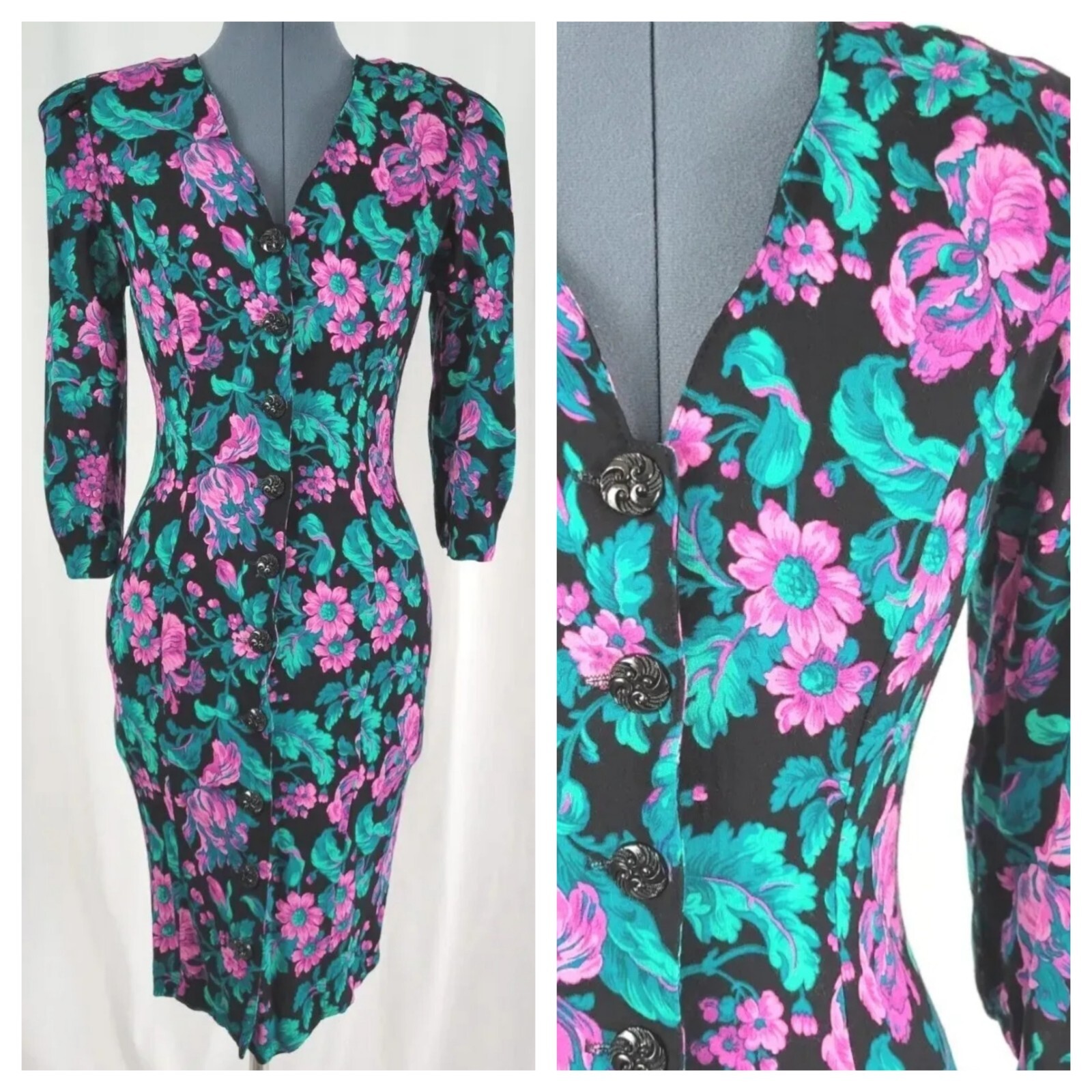 Vintage Black Fitted Dress w Purple & Green Florals & Button Down Front Sz 9/10