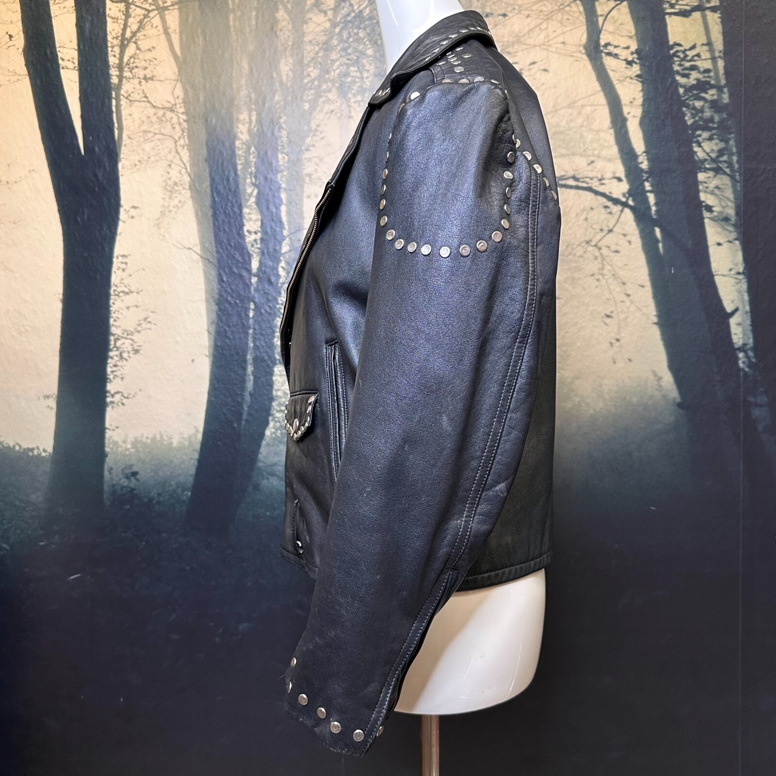 Vintage Leather Motorcycle Jacket 90s Black Studded Biker Punk Coat L/XL