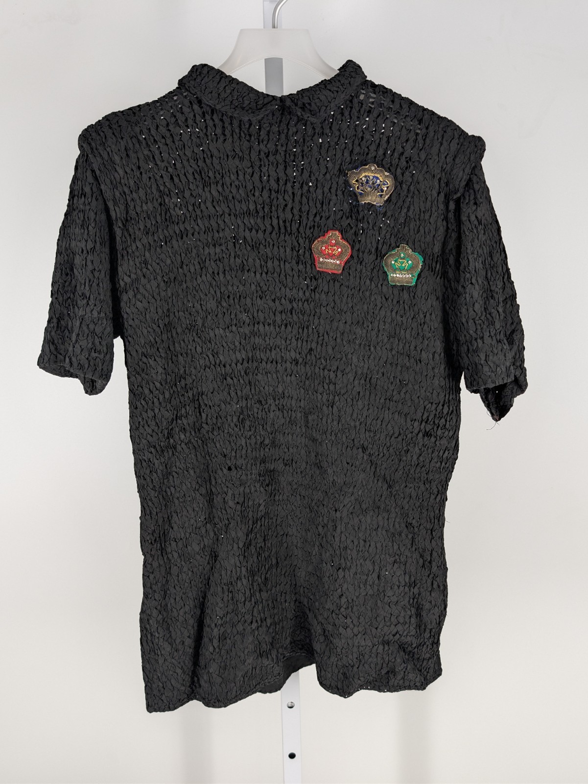 Vintage 50s Black Ribbon Knit Blouse Metal Talon Zipper Crown Patches Rhinestone
