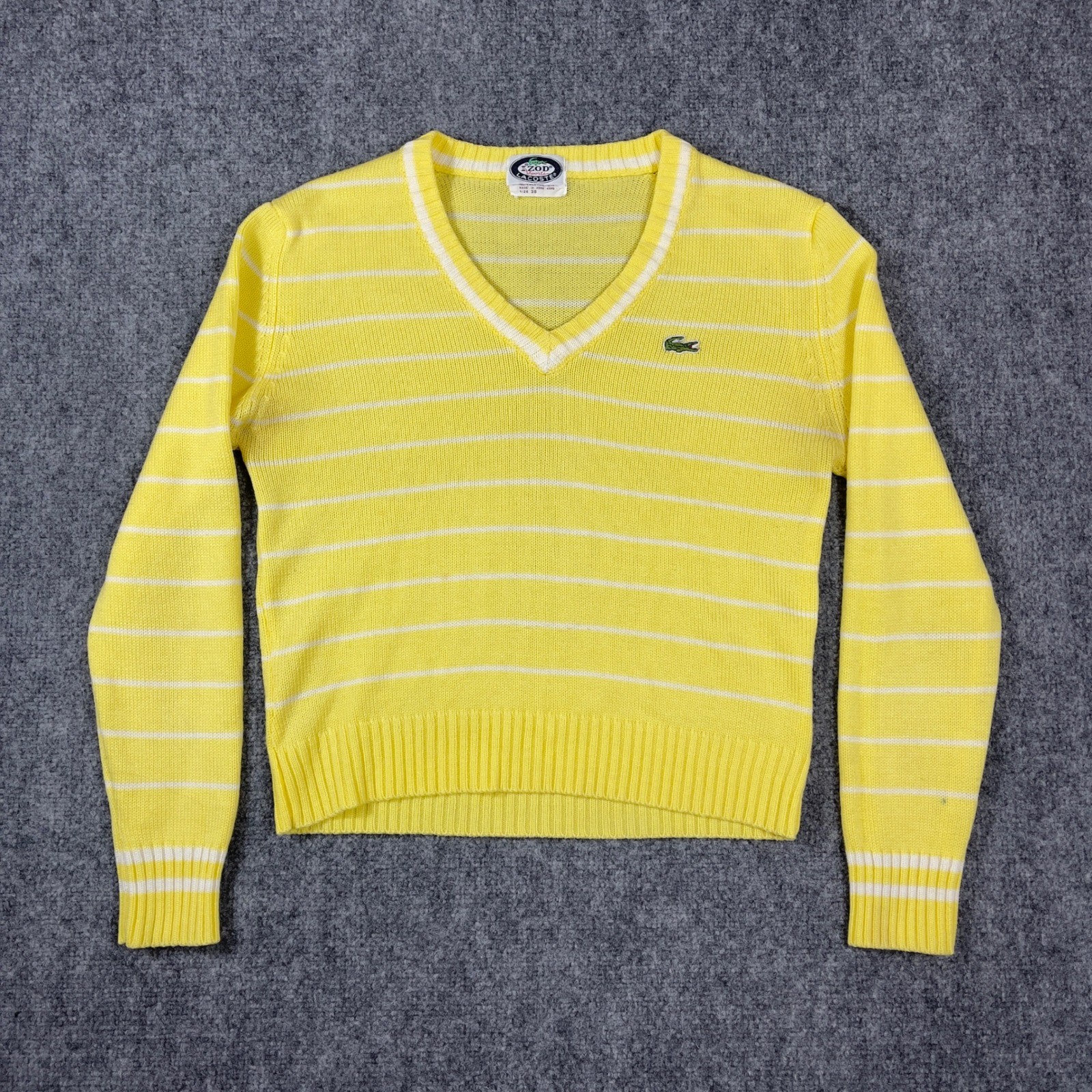 Izod Lacoste Sweater Womens 38 Yellow Striped V-Neck Vintage Knit Crocodile
