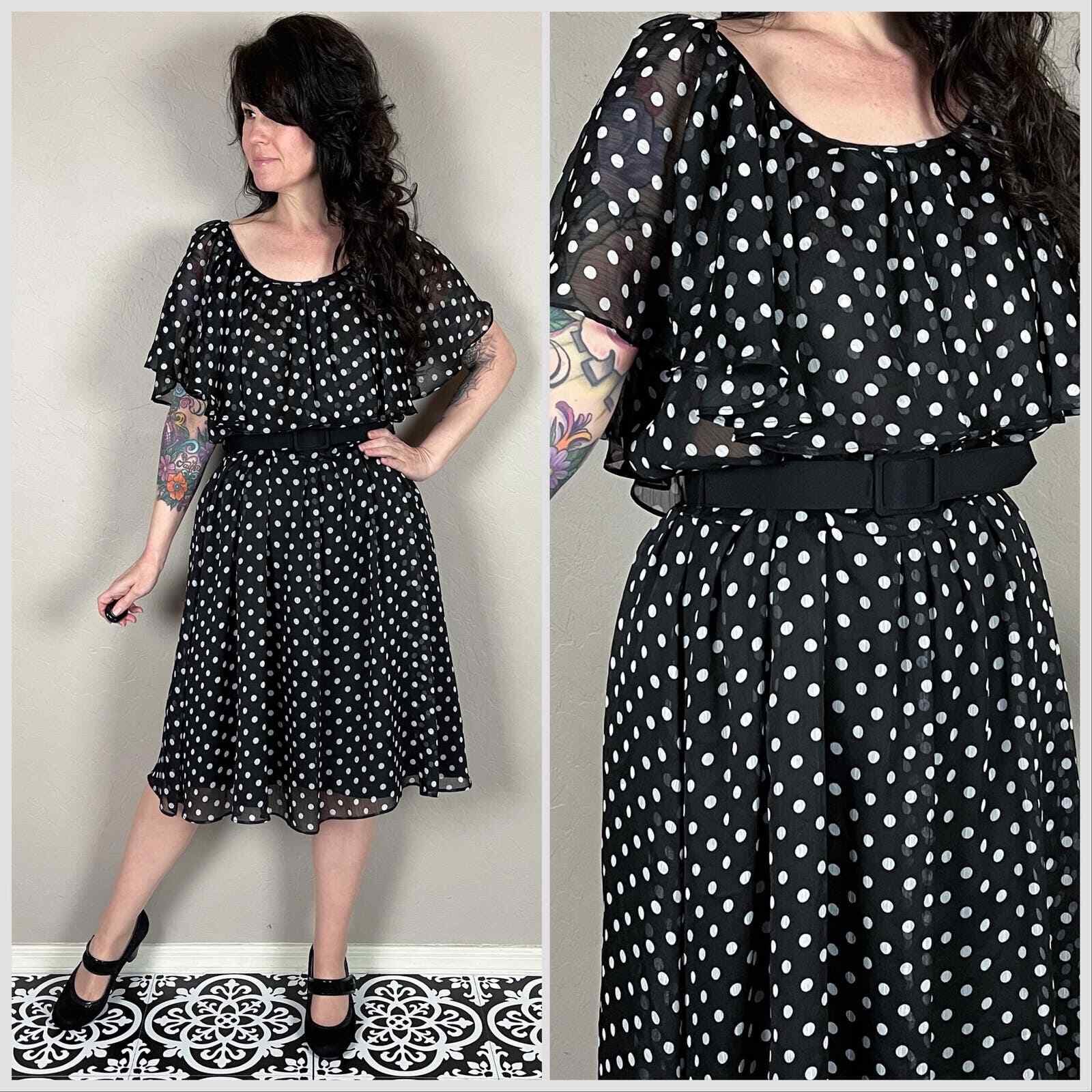 Vintage 1990s Black and White Polka Dot Chiffon Dress – 36″ Waist