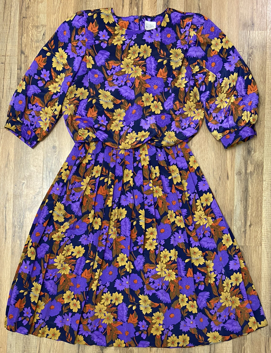 Vintage Shelly Michaels Purple Yellow Floral Pleated Blouson Dress Women’s 15/16
