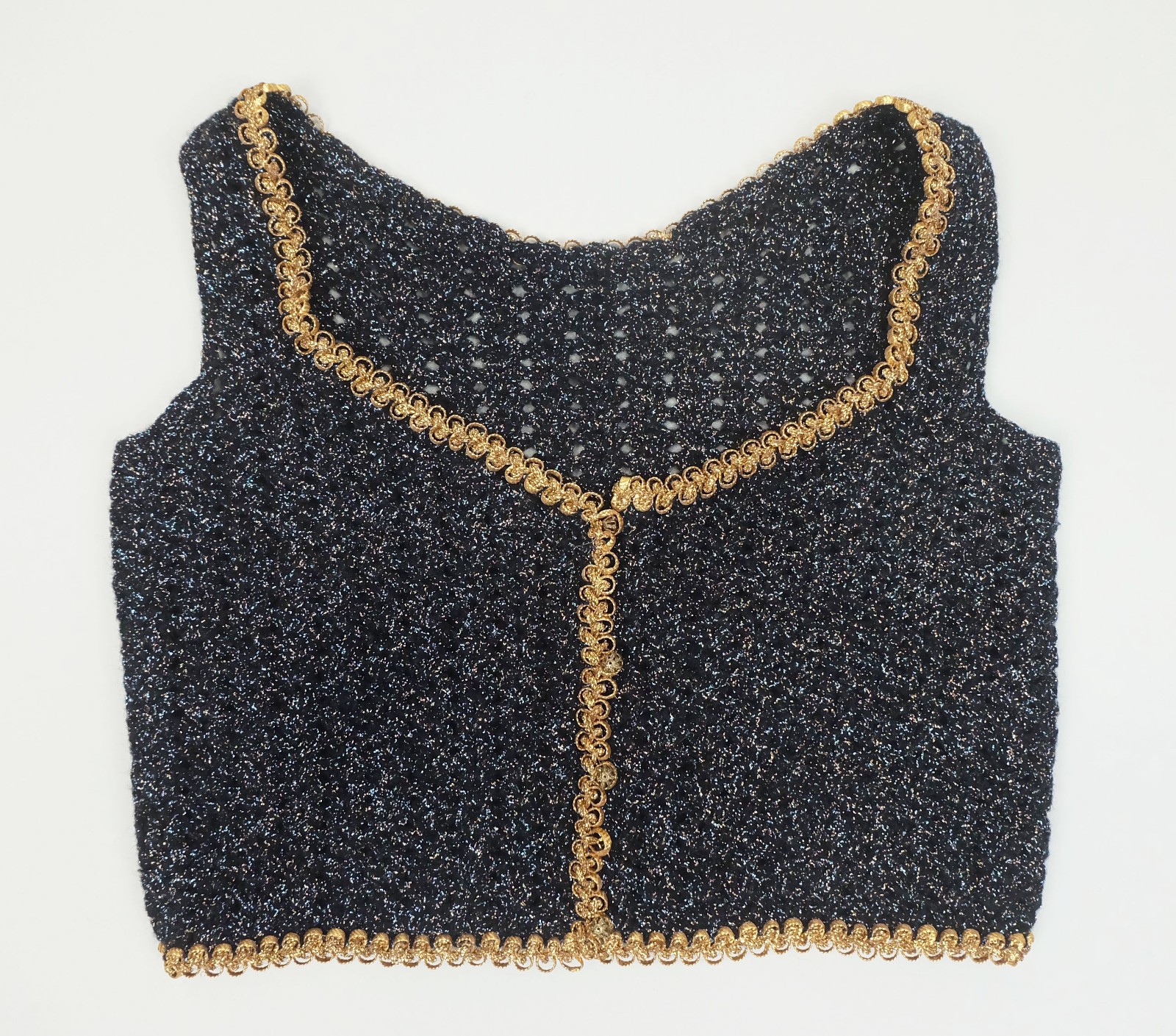 True Vintage 1970s Glitter Yarn Crochet Vest with Gold Borders Size S