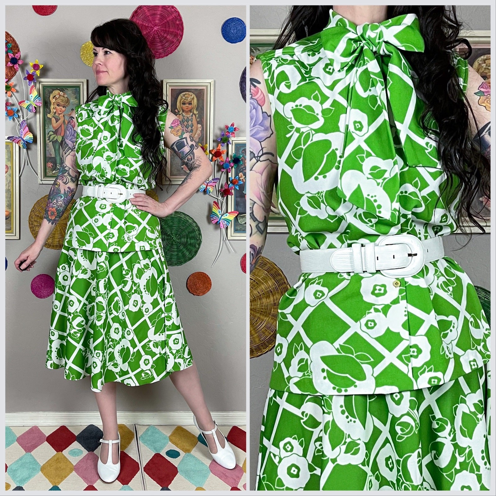 Vintage 1970s Lime Green 2-Piece Sleeveless Top and Skirt Set | 31″-32″ Waist