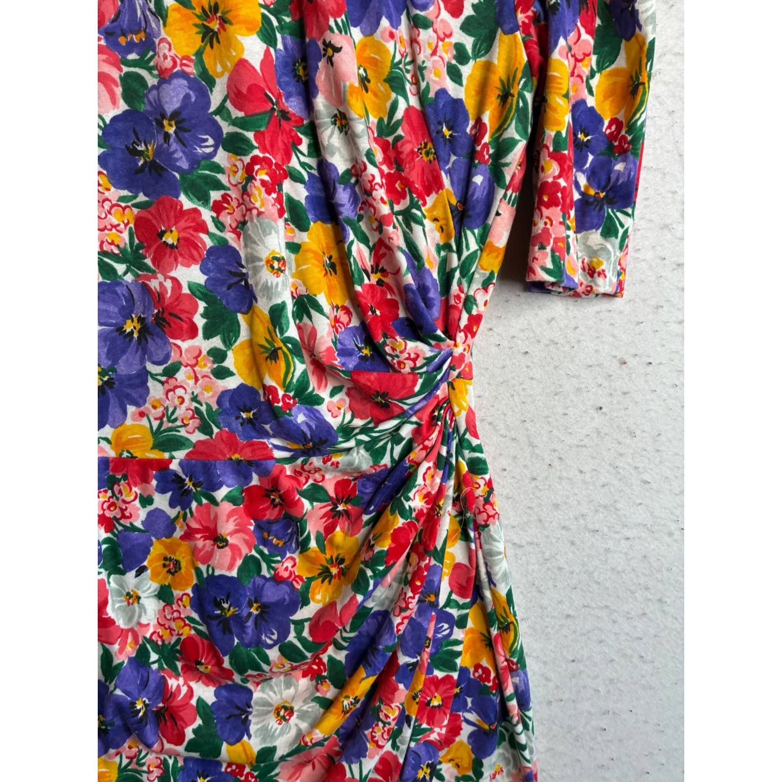 Vintage Expo Floral Ruching Midi Dress Multi Color Pansy Puff Sleeve USA Made 12