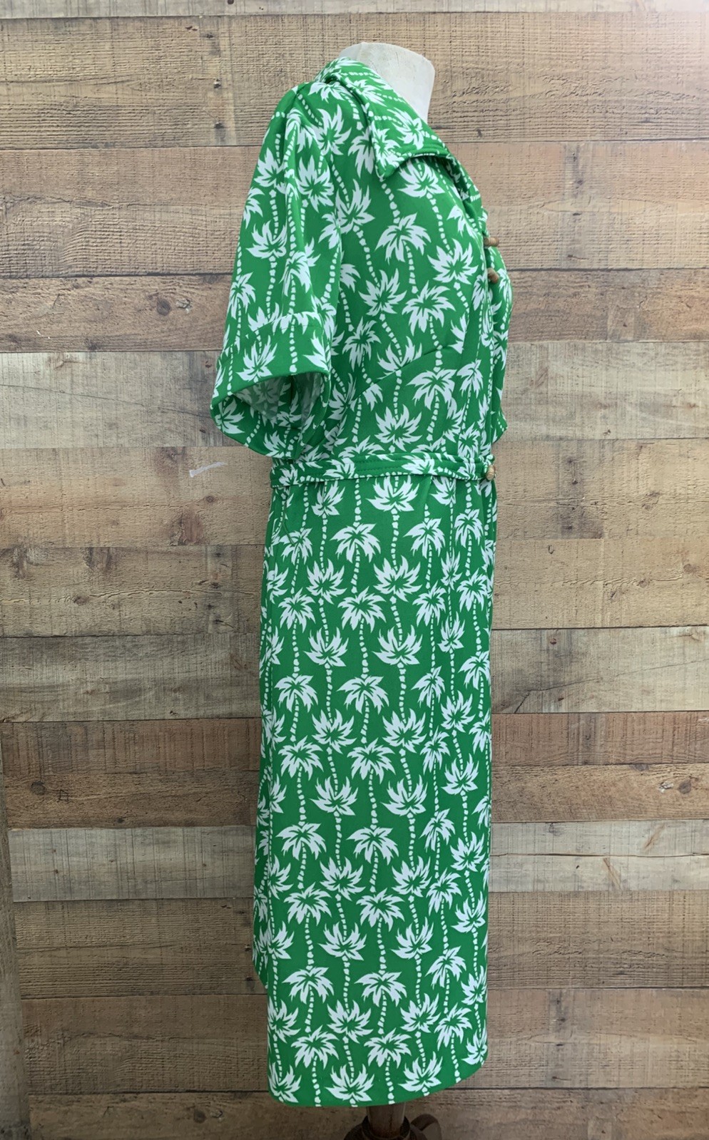 Vintage 1960s 1970s Green Polyester Palm Tree Belted Dress 50” Bust /50” Waist