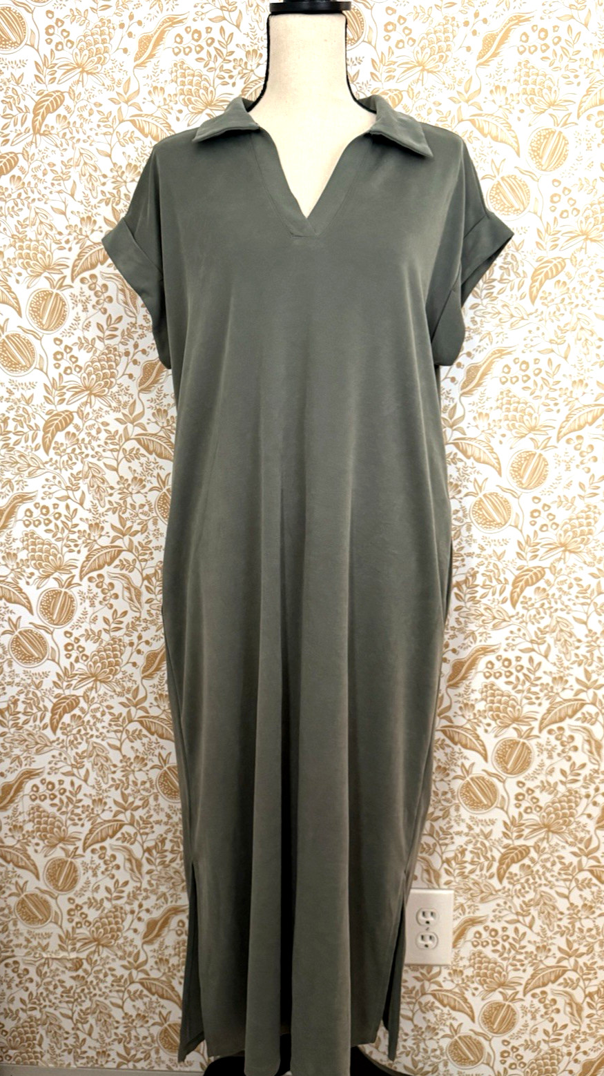 Ces Femme Women’s Olive Collared Oversized Midi Dress Size M Cuffed Sleeves Chic