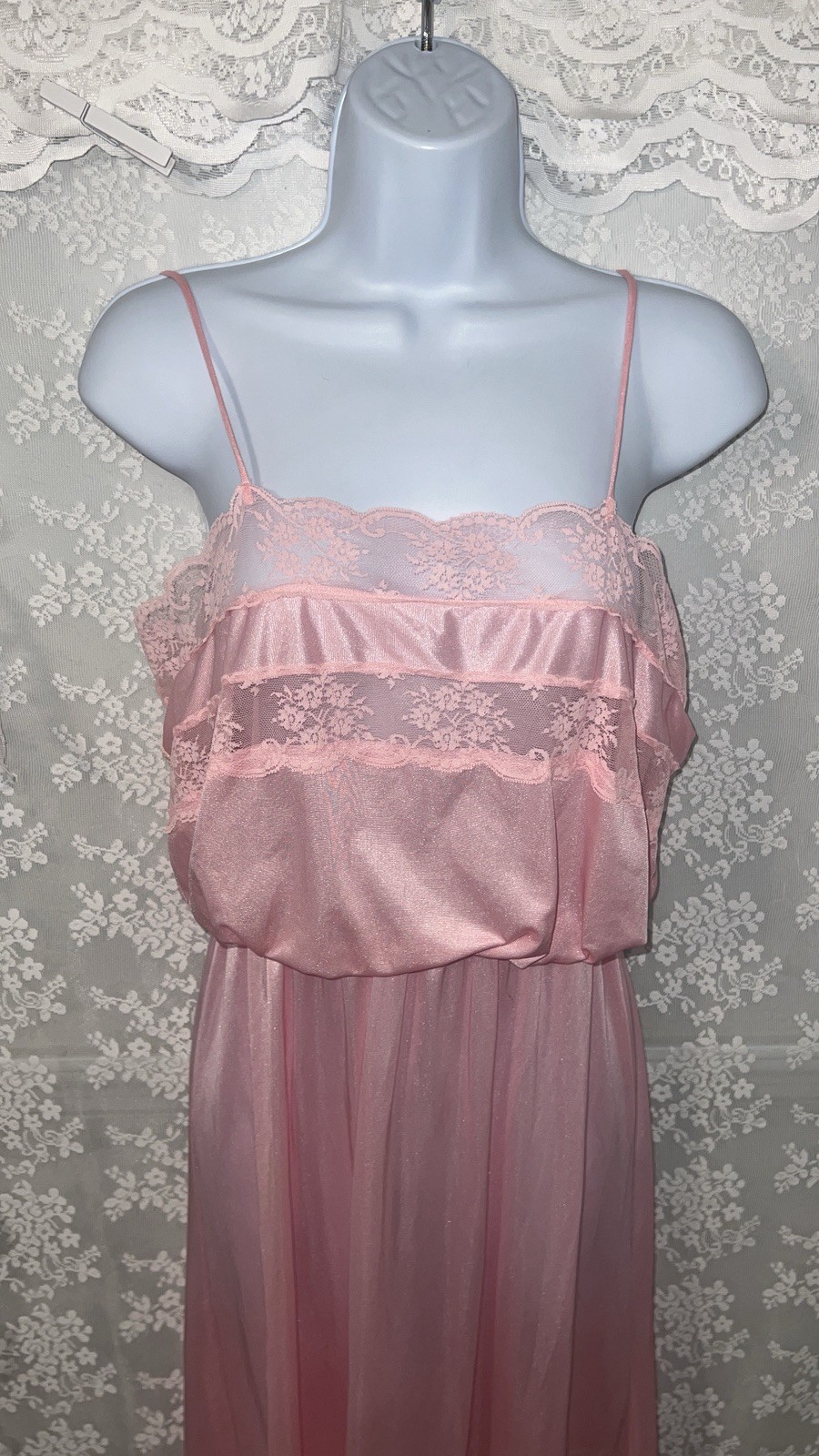 Vtg Pink FLAIR LINGERIE By Dianne Keesee NYLON LACE Satin NIGHTGOWN/Sz m