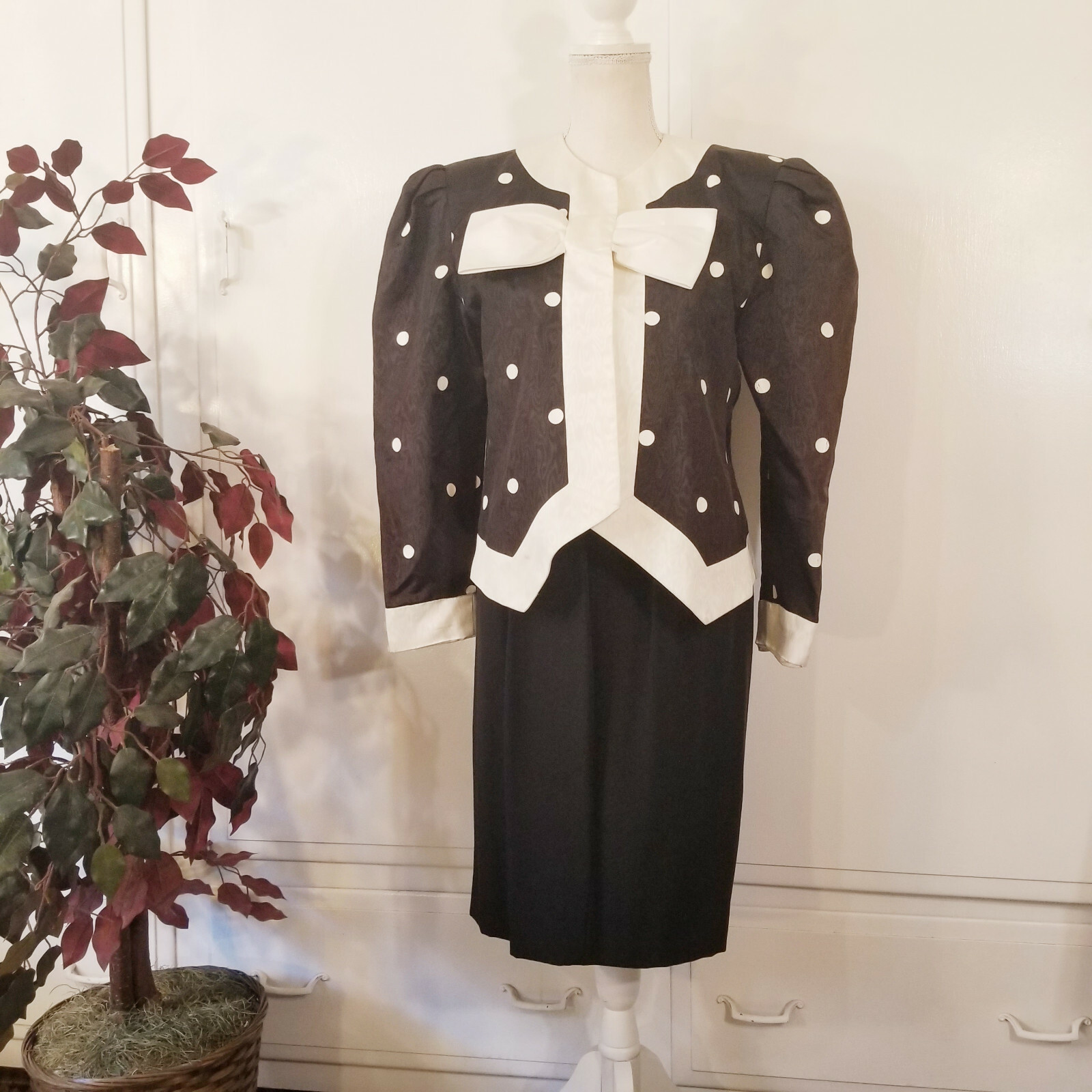 Black Strapless Dress w/Polka Dot Jacket USA Vintage Size 10 by Carolyne Roehm