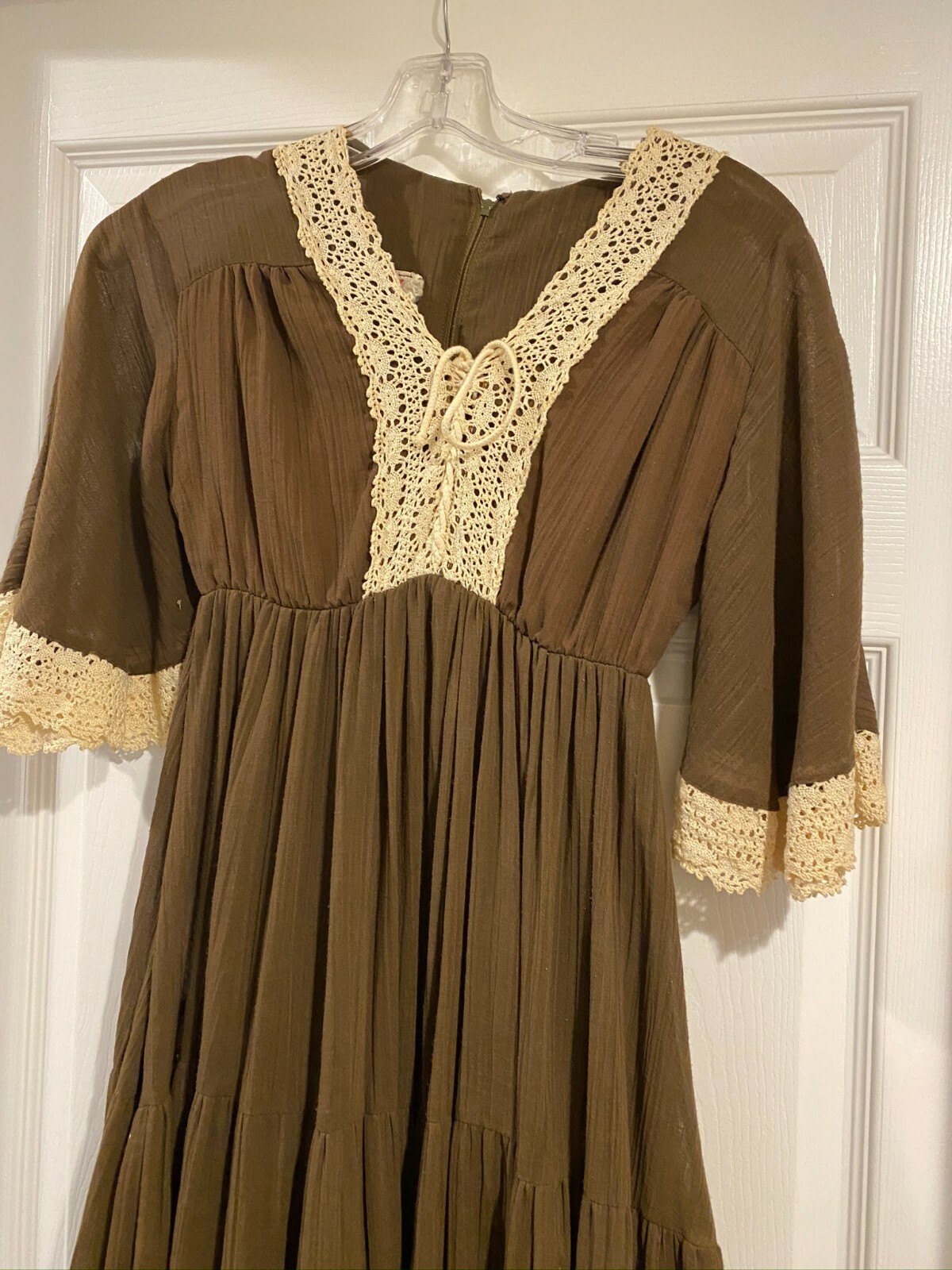 Vintage Phase II BROWN MUSLIN & LACE DRESS~Boho*Chic*Mod~Small