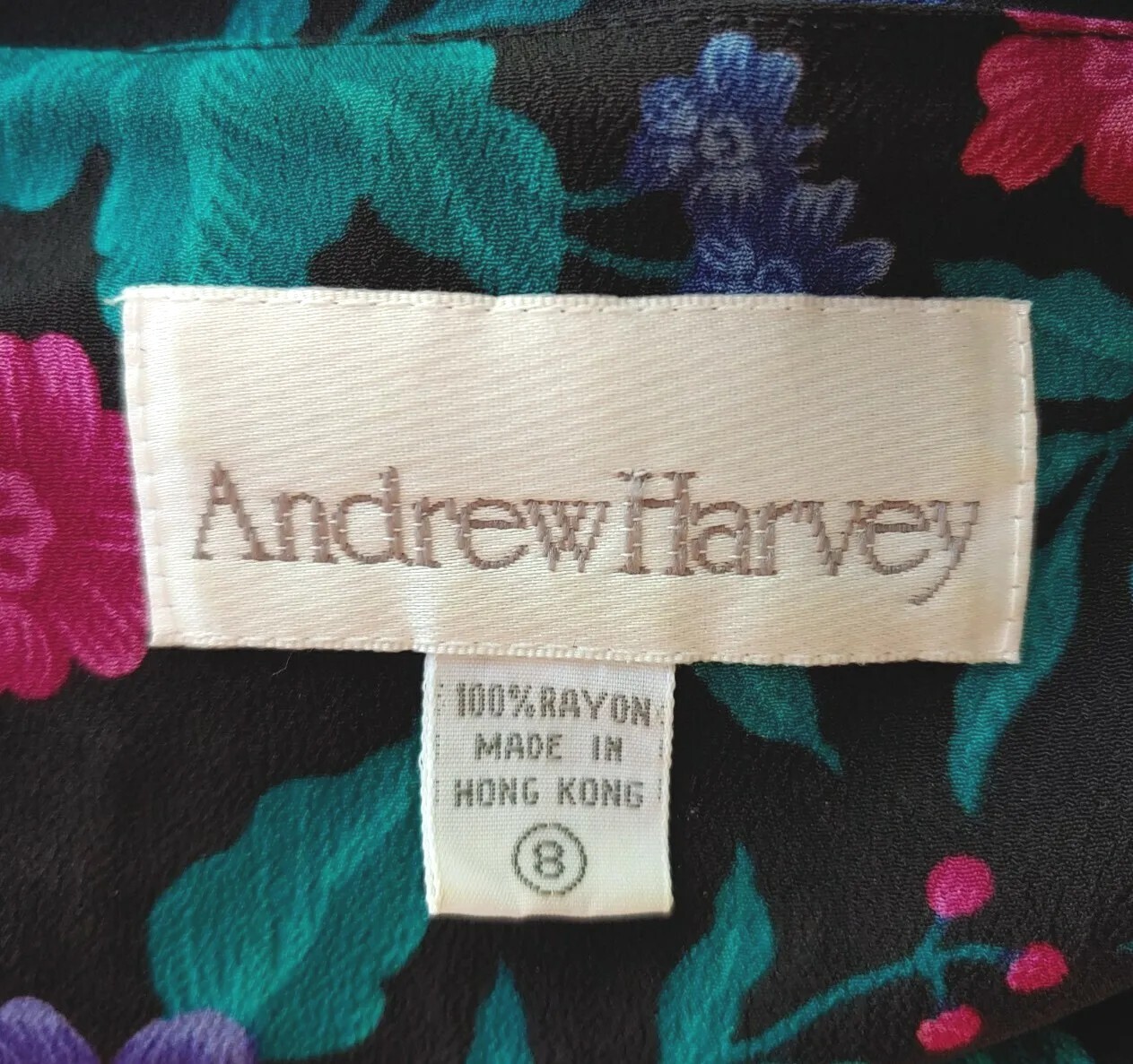 Vintage Andrew Harvey Fitted Black Dress with Pink/Purple/Teal Florals Size 8