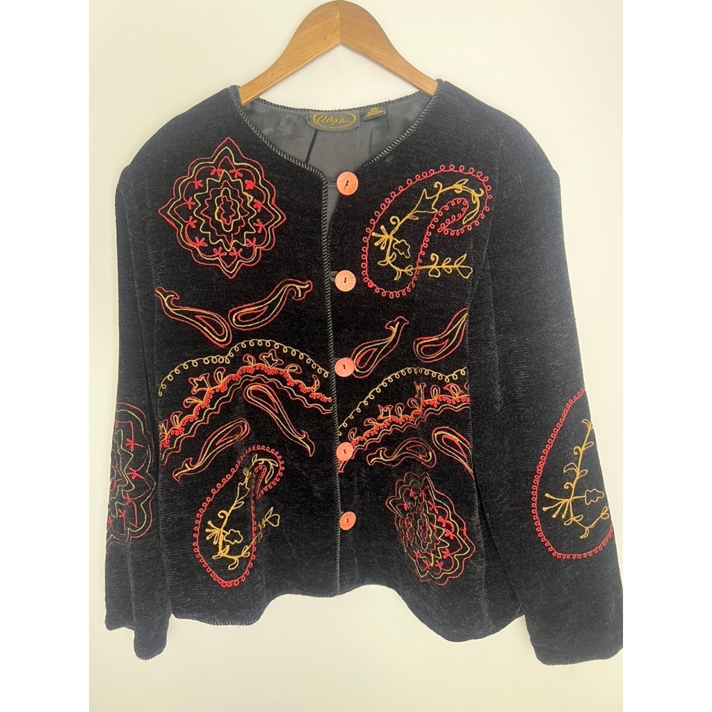 VTG Alex Kim Black Chenille Embroidered Paisley Jacket Wm XL Eclectic Funky Boho
