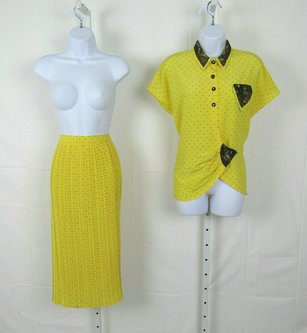 VTG 1980s GAUNILLO OF FRANCE DESIGNER SKIRT & TOP YELLOW BLACK & SILVER LACE