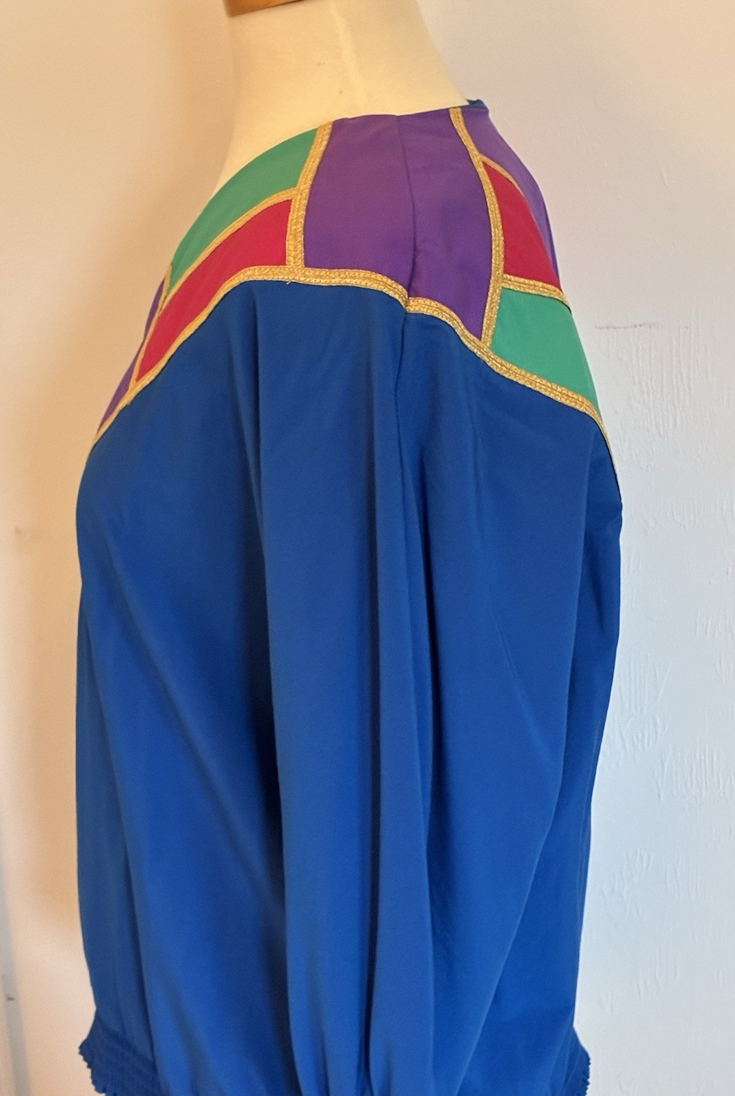 Vintage 80s Sara Colorblock Blouse USA Blue Geometric Smocked Top Women’s L