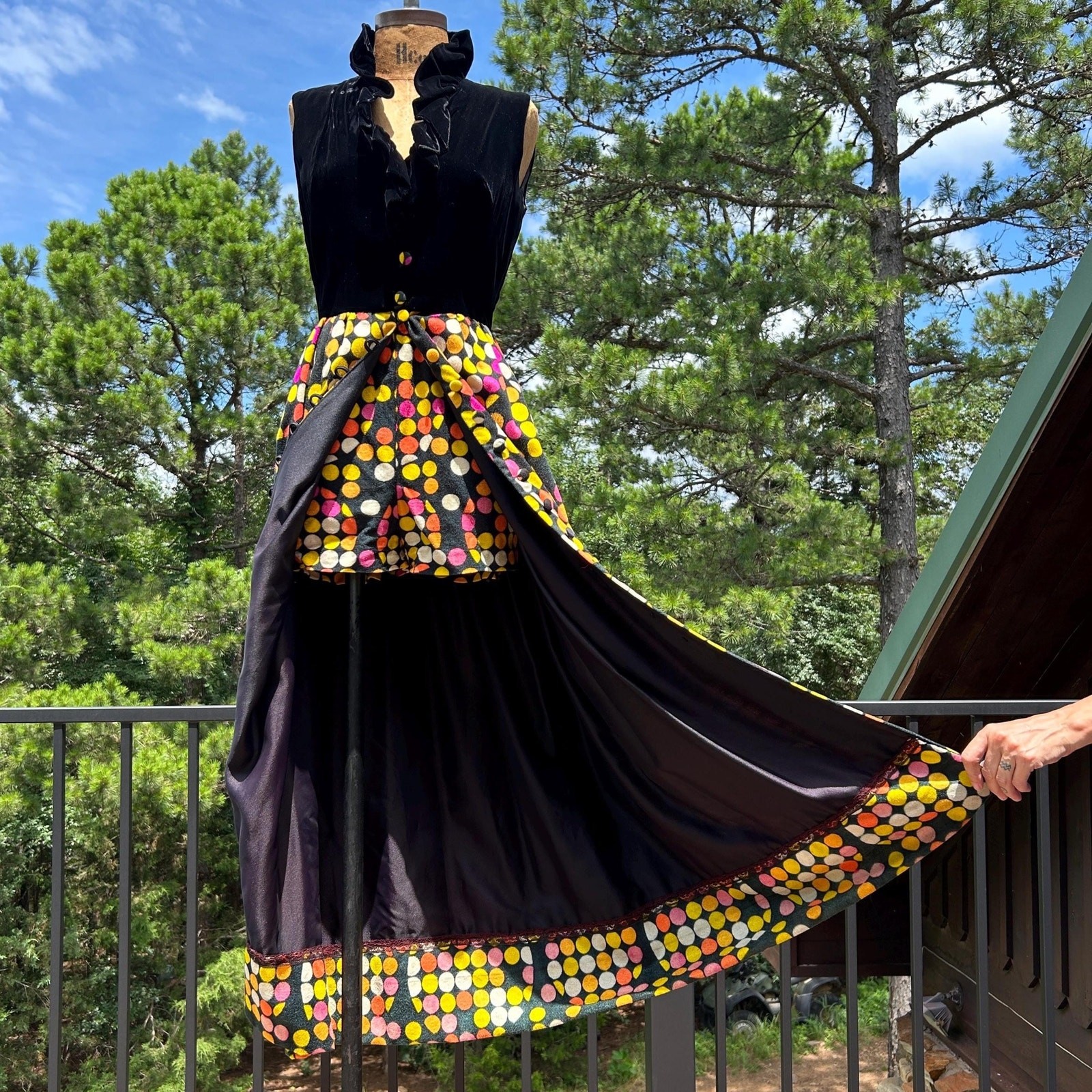 Vintage 60s Mod Psychedelic Op Art Ruffled Velvet Maxi Dress + Hot Pants Set