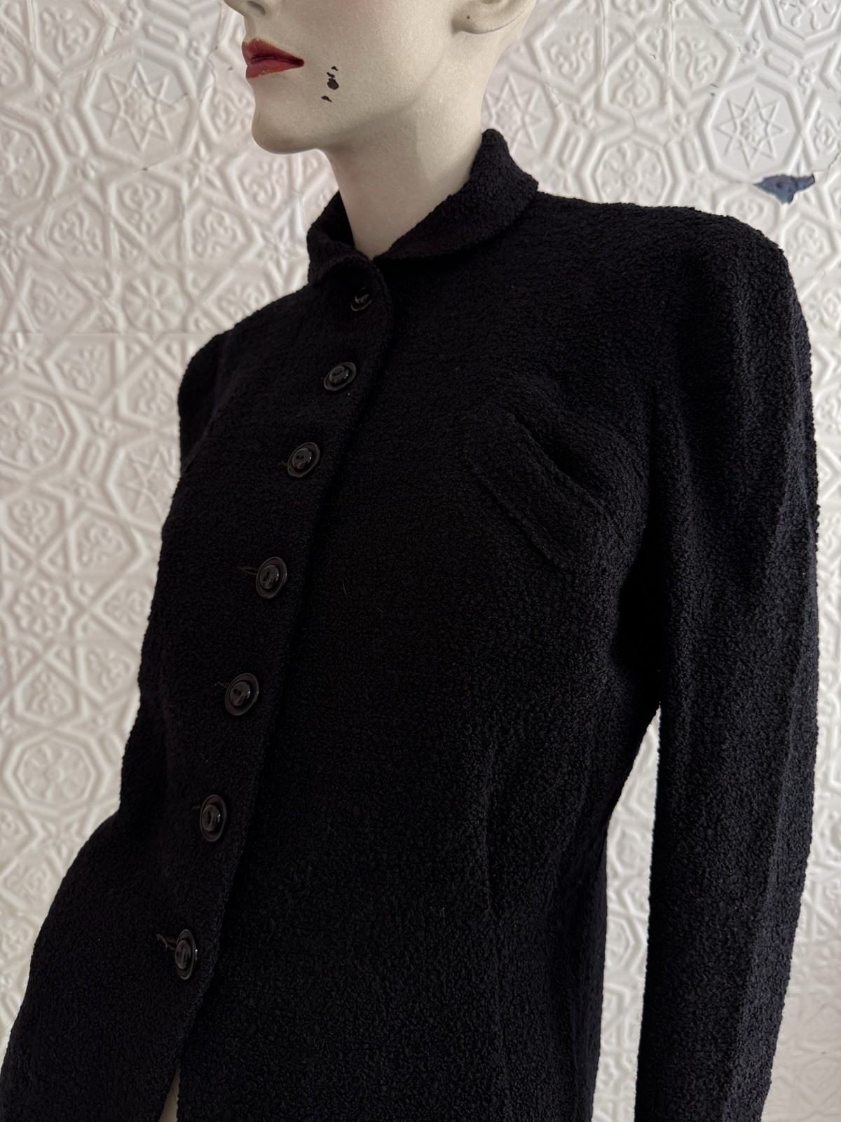 Vintage 1940s women’s black wool boucle jacket-Tailored gothic vamp Antique Fall