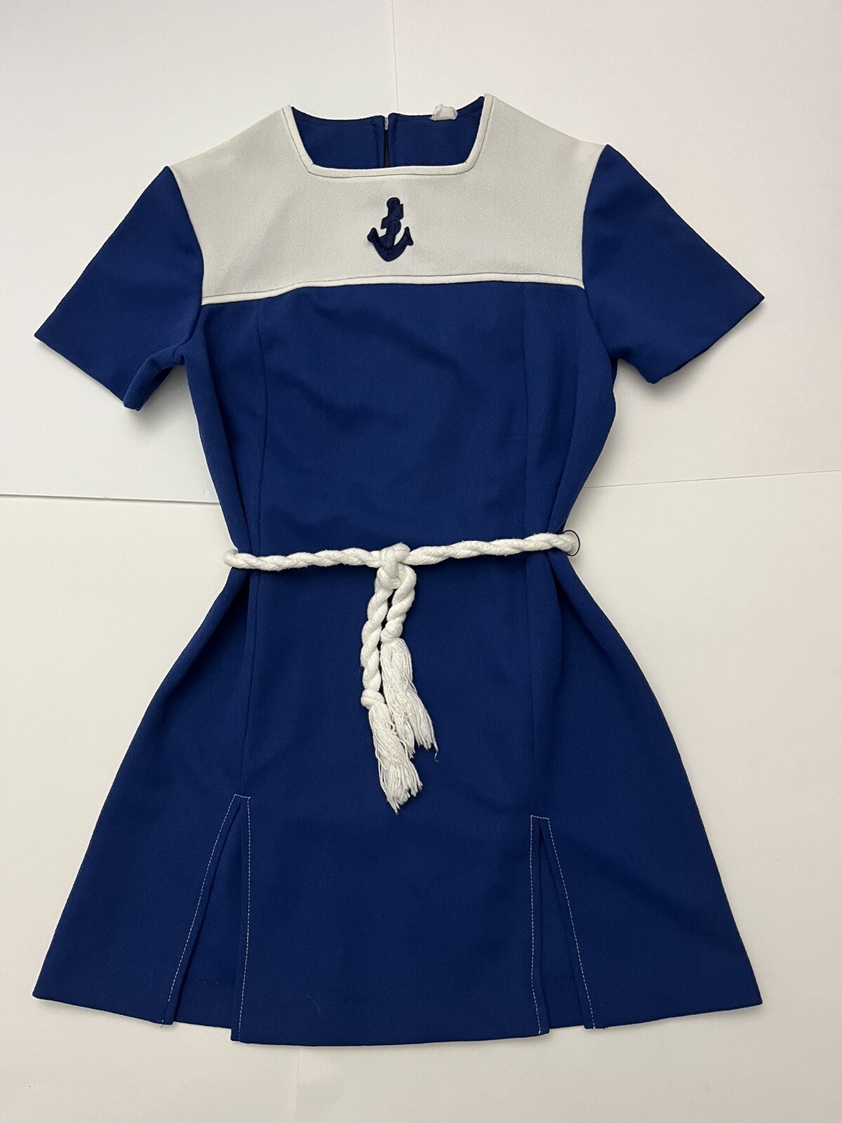 1970s Retro MINI DRESS-Navy Look-Anchor Motif-Side Slits-Braided Rope Belt-Sz 8?