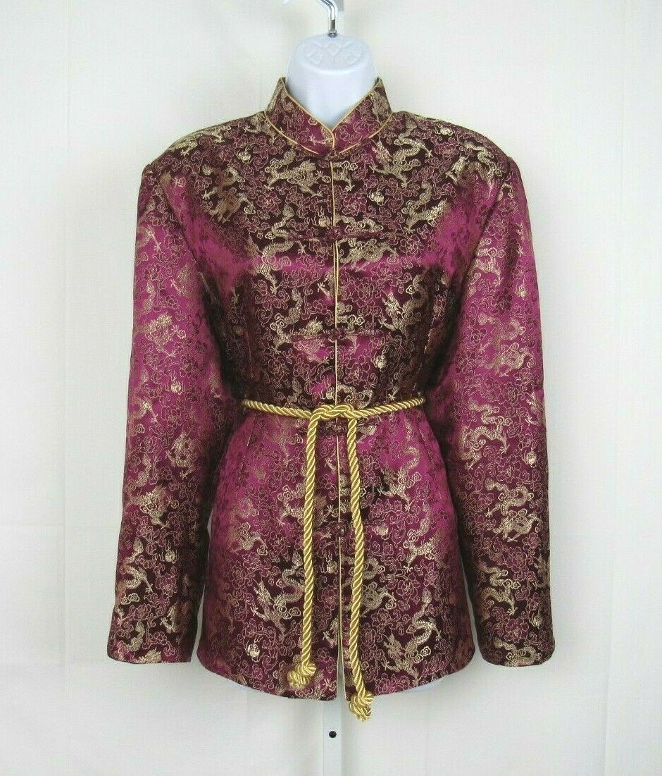 VTG 1950s 60s KIMONO STYLE JACKET BOYSENBERRY GOLD EMBROIDERY FROG BUTTONS