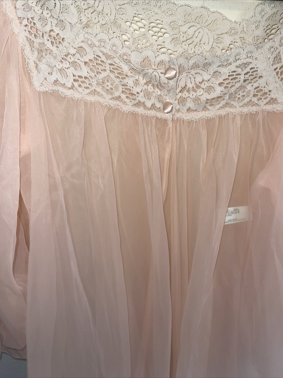 Vtg Lisette Peach Chiffon Overlay Short Nightgown Lace Trim Sz Medium Open Front