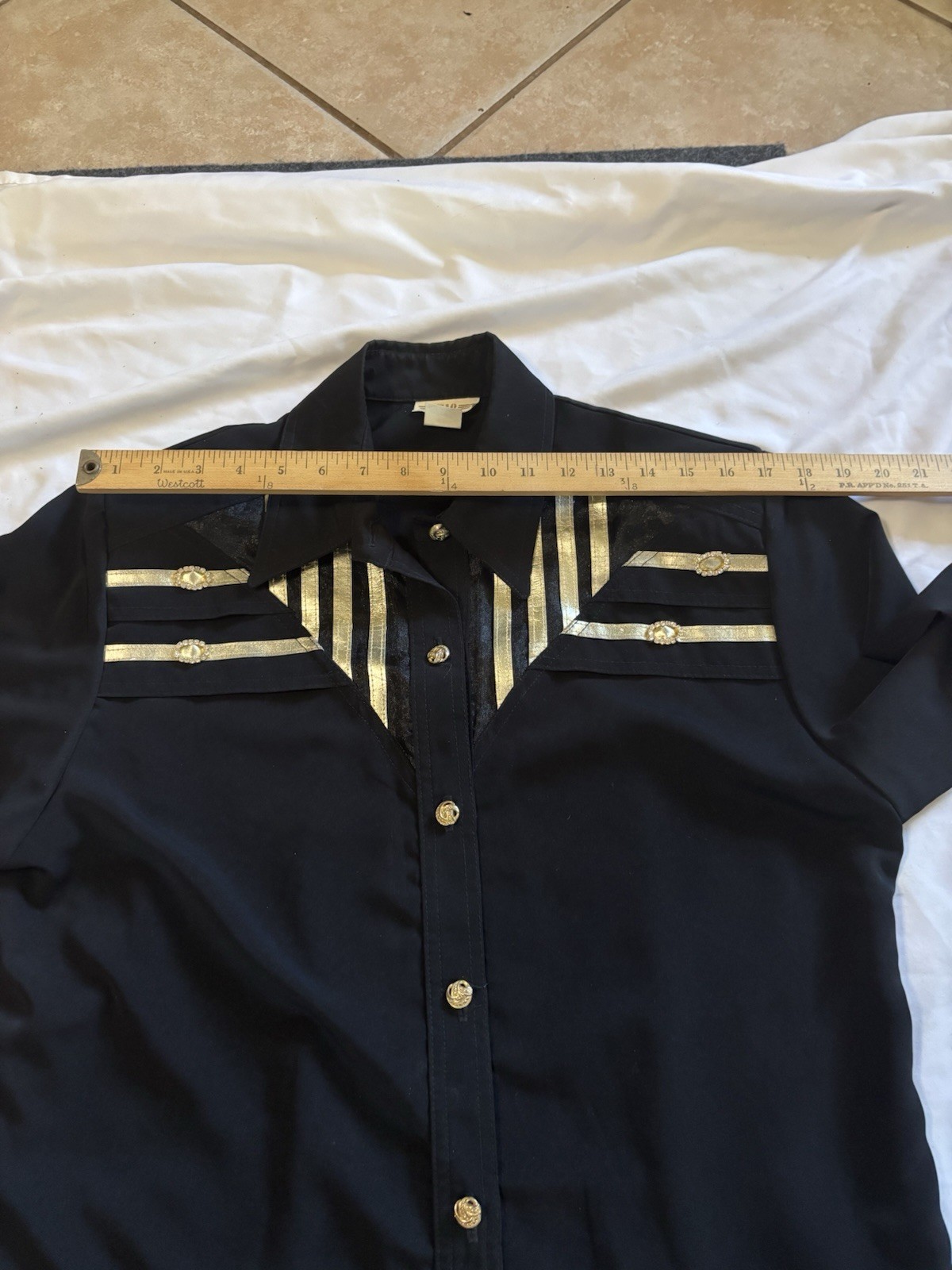 VTG 80s RIO Inc Women L Black Gold Metallic Ribbon Western Rodeo Shirt USA Made