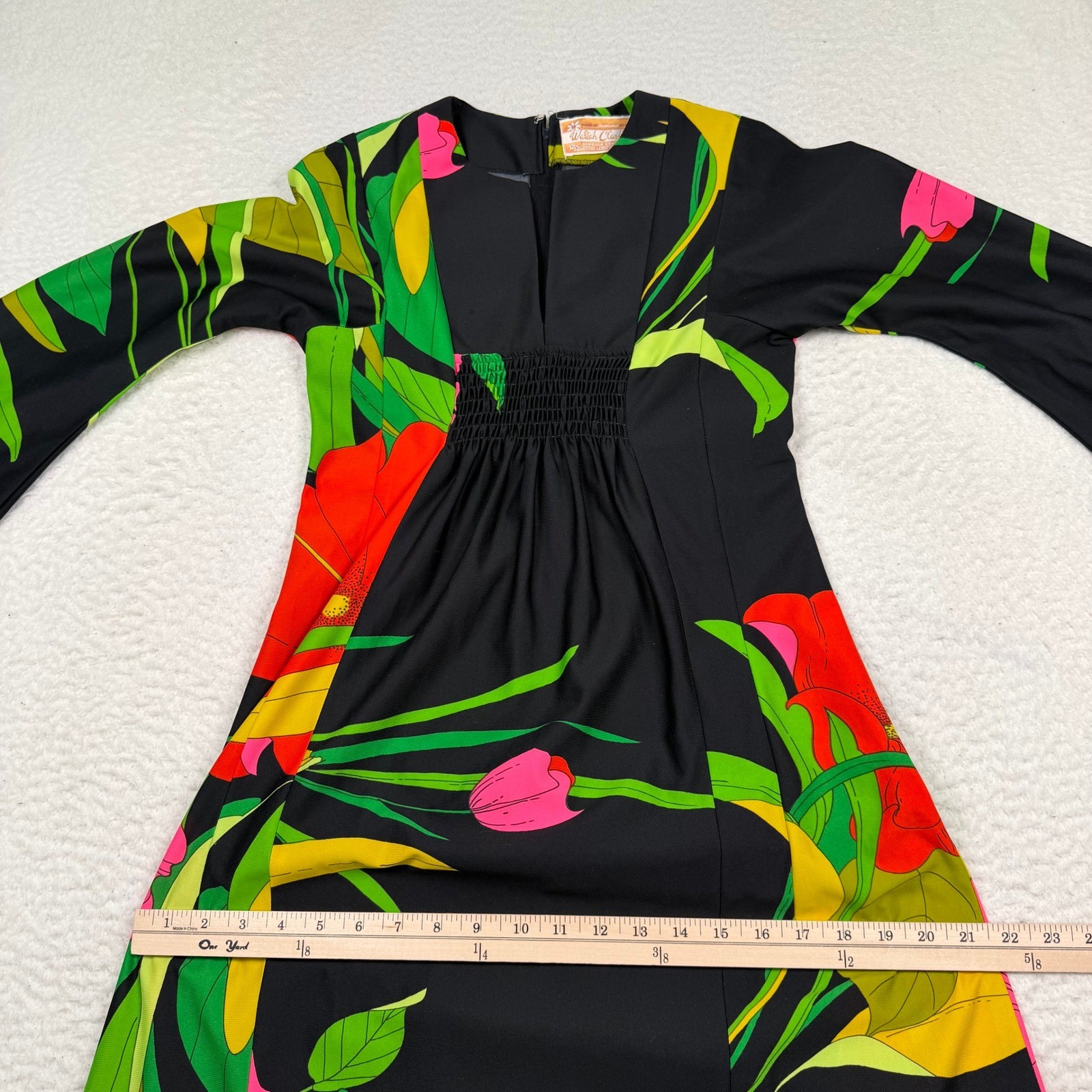 Waltah Clarke’s Maxi Dress Black Floral Vintage Hawaiian Empire Waist 60s