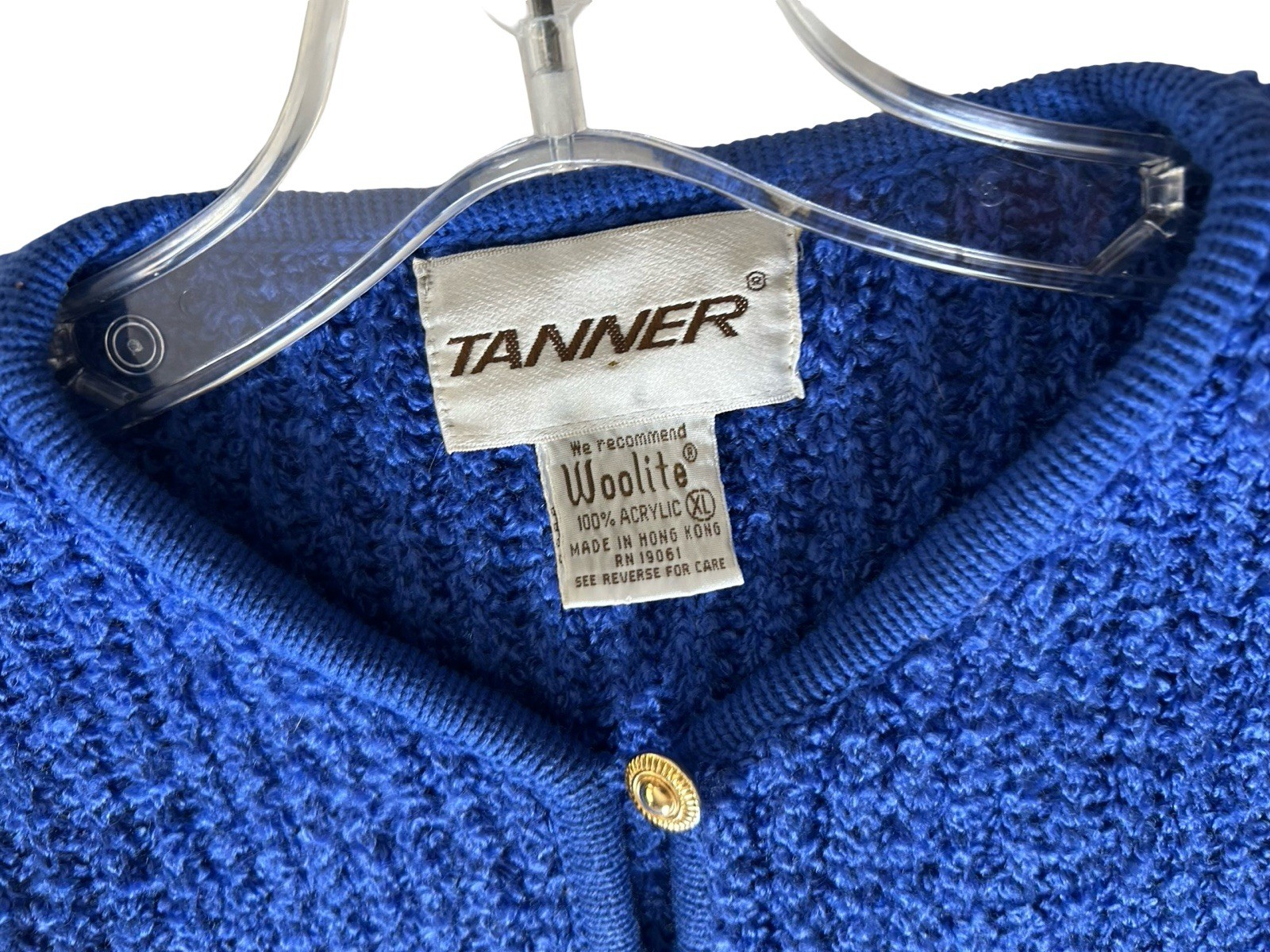 VTG TANNER Boucle Cardigan Sweater Size XL Royal Blue Gold Button Twee Hong Kong
