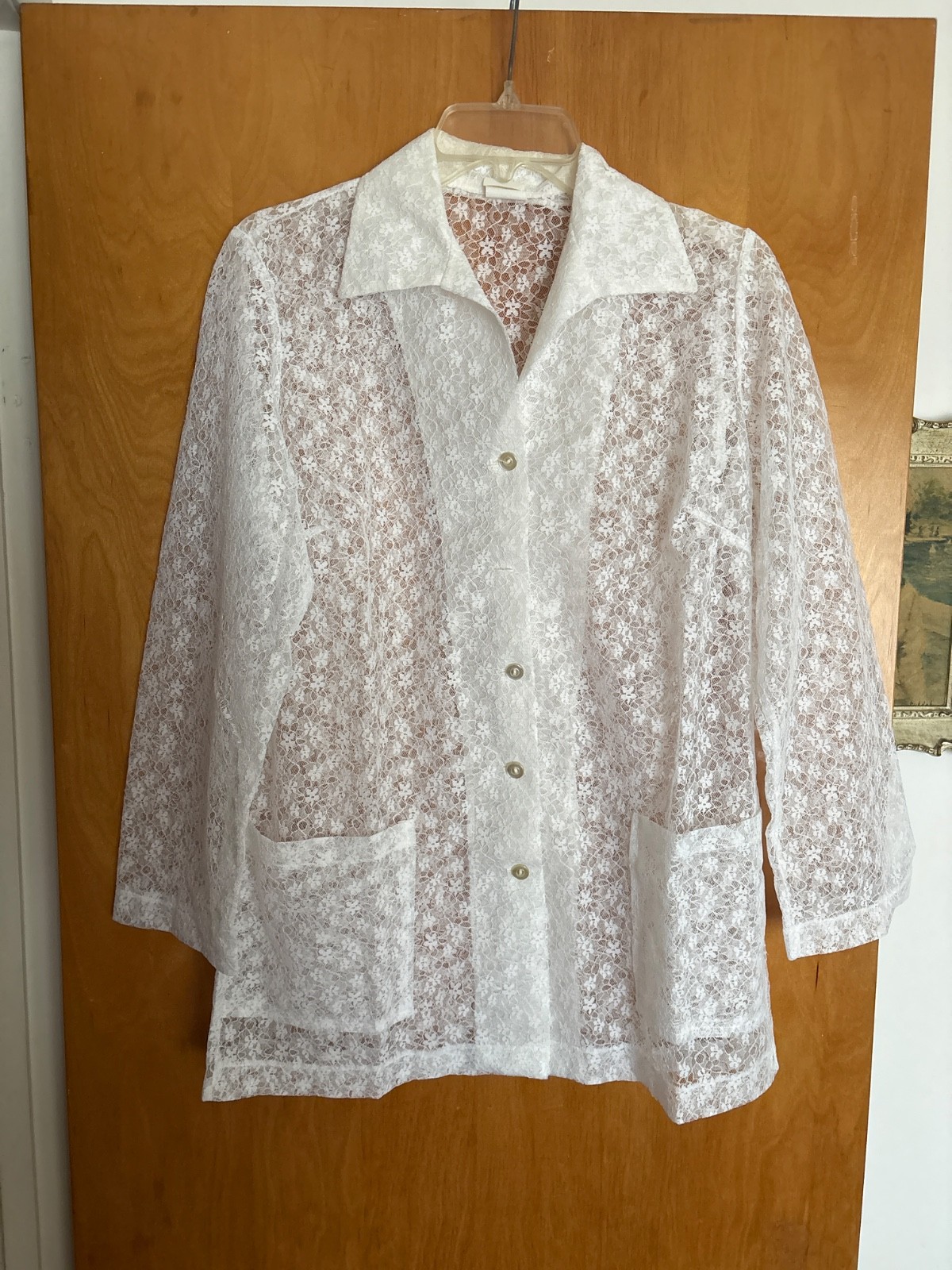 Vintage 70s L White Lace Swimsuit Cover-up Button Up With Collar And 2 Pockets