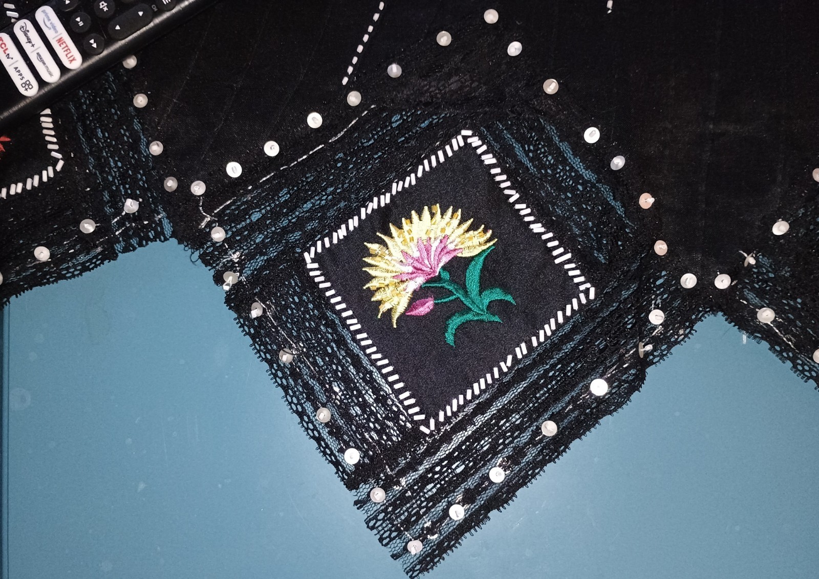 Vintage Carole Little Linen Black Skirt Embroidered Beaded Handkerchief Hem…