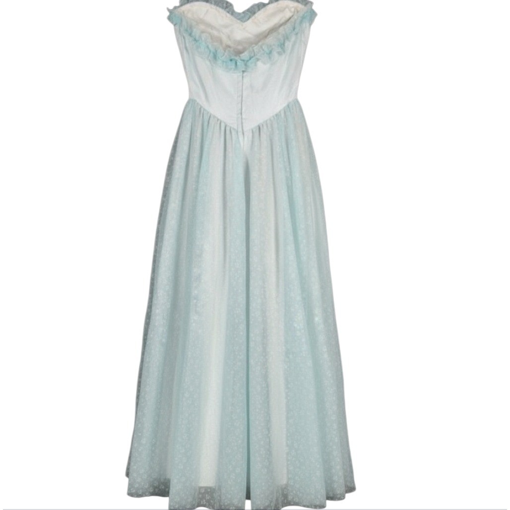 VTG Prom/Wedding CHIFFON Blue Floral RUFFLE Sweetheart w/FULL SLIP Cupcake XS