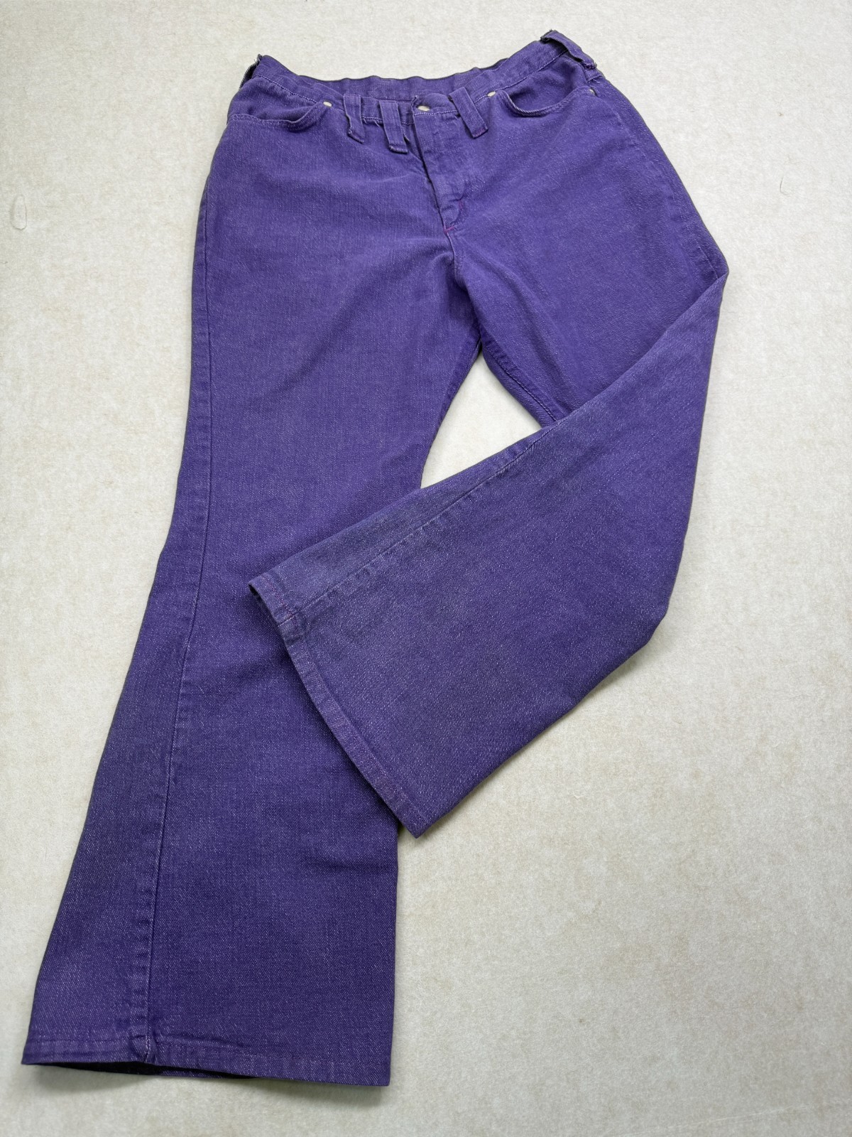 Vintage 1970s Maverick Blue Bell Purple Denim Jeans High Rise Bell Bottom USA 18