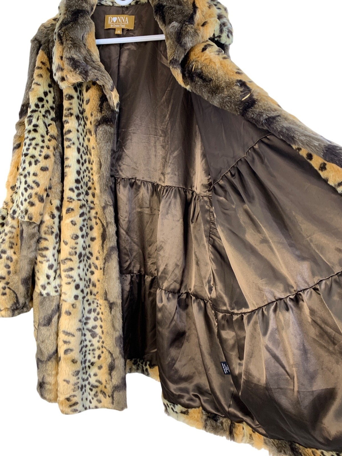 VTG Y2K Donna Vinci Faux Fur Animal Print Swing Coat L/XL A-Line Tiered GUC