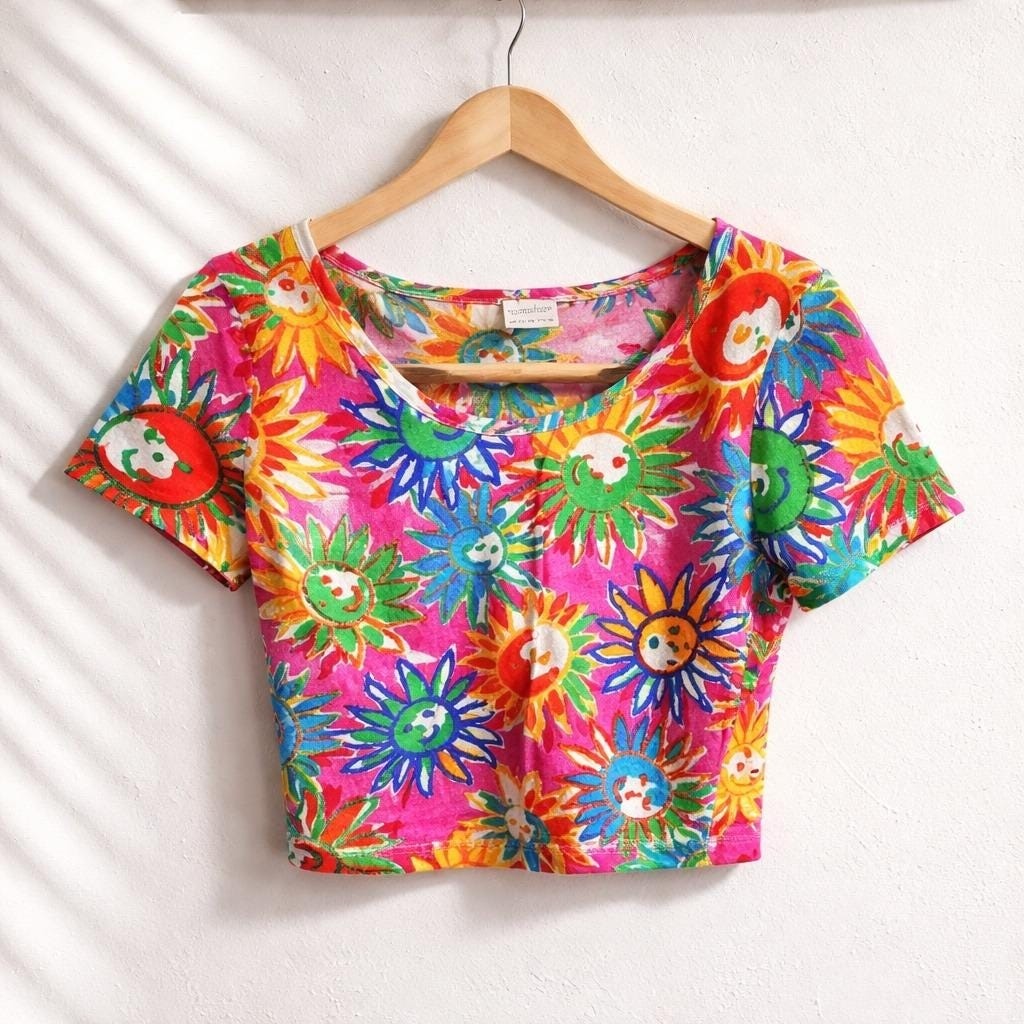 Vintage United Colors of Benetton M Sun Print Crop Top Pink Multi Made in Italy