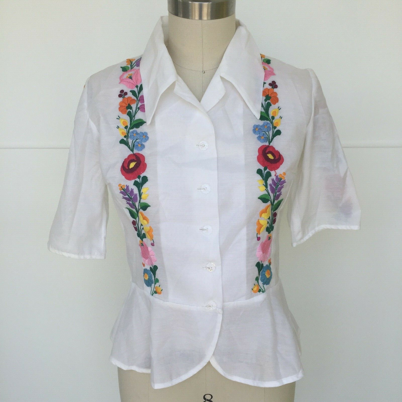 Vtg Hungarian BLOUSE Kalocsa Embroidered Sheer Voile Ethnic Peasant Top S/M