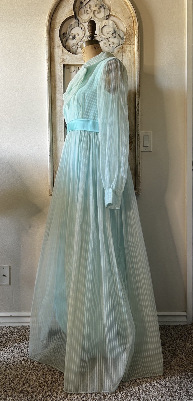 1960s-1970s Chiffon Maxi Dress Collared Long Sleeve Bow Front Handmade