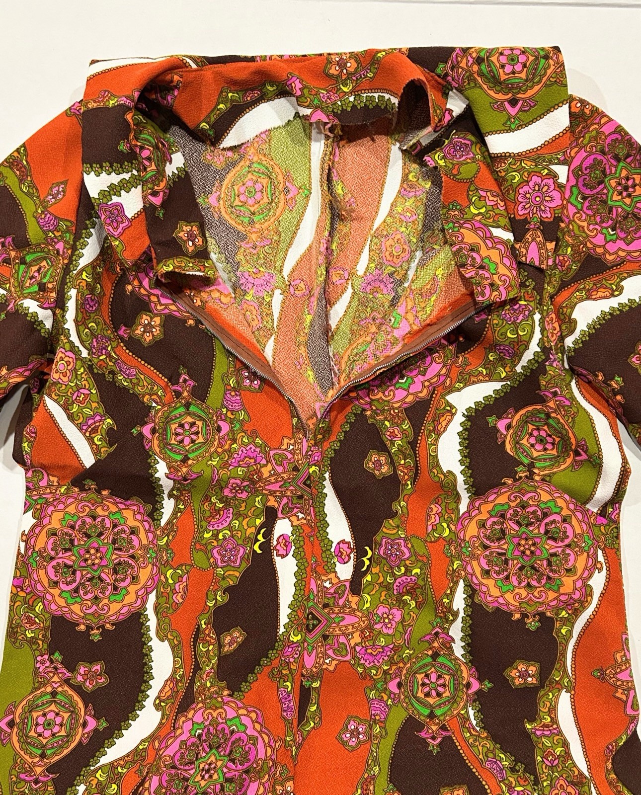 Vintage 70s Retro Mod Psychedelic Shift Dress Poly Knit Handmade Womens L *Glows