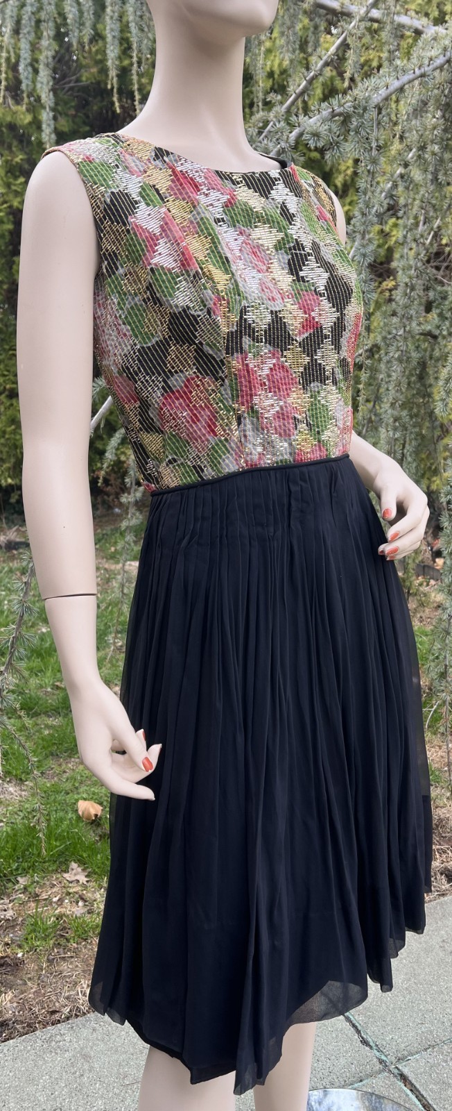 VINTAGE 1950’s 60’s BLACK DRESS W/ MULTI-COLOR METALLIC BODICE & CHIFFON SKIRT
