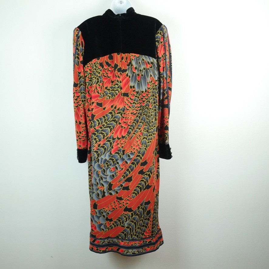 Vintage Leonard Fashion Paris Silk Velvet Feather Print Midi Dress Luxury 80s