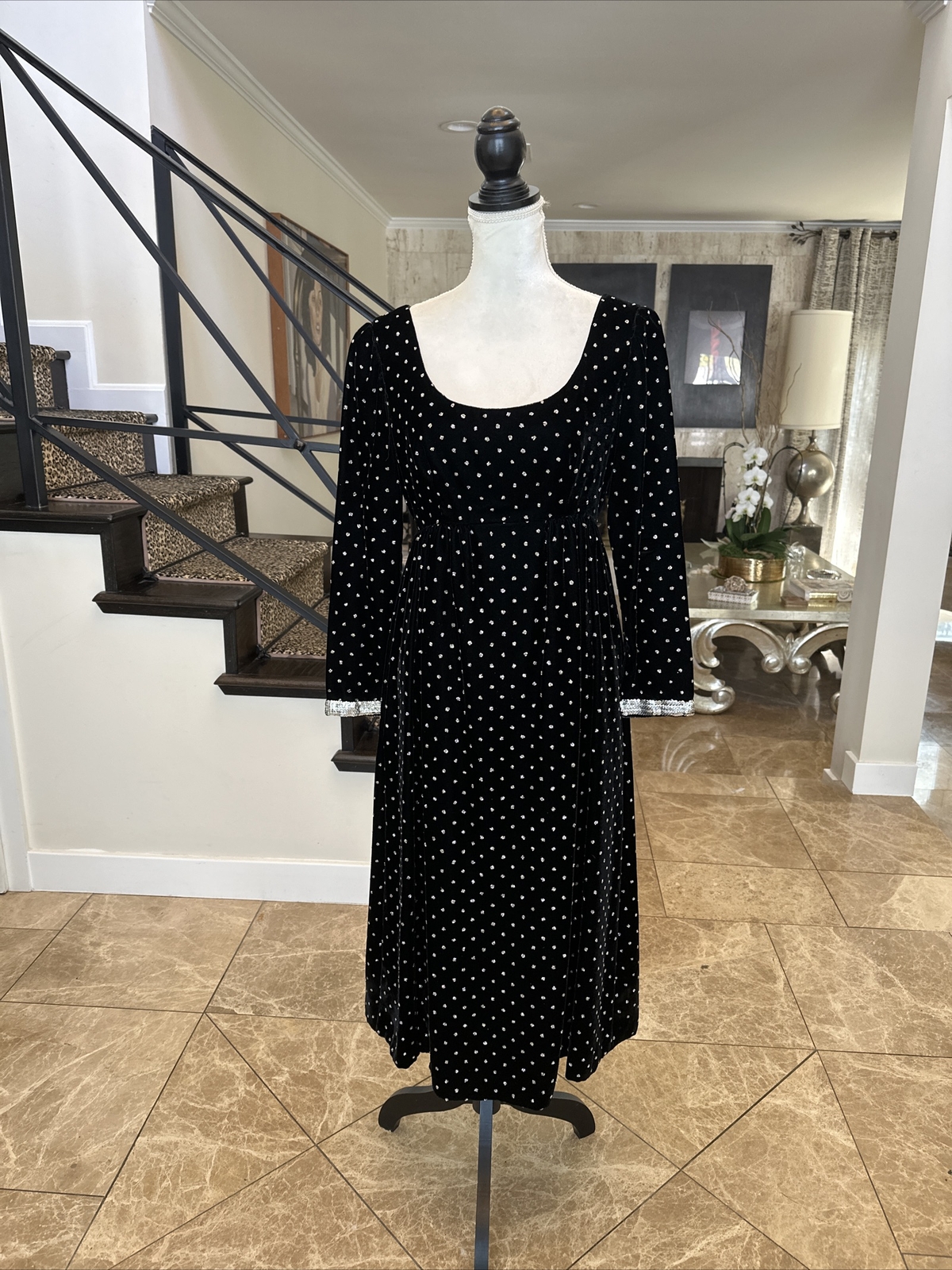 Ceil Chapman Beverly Hills Sale 60s Black Velvet & Metallic Empire Midi Dress S
