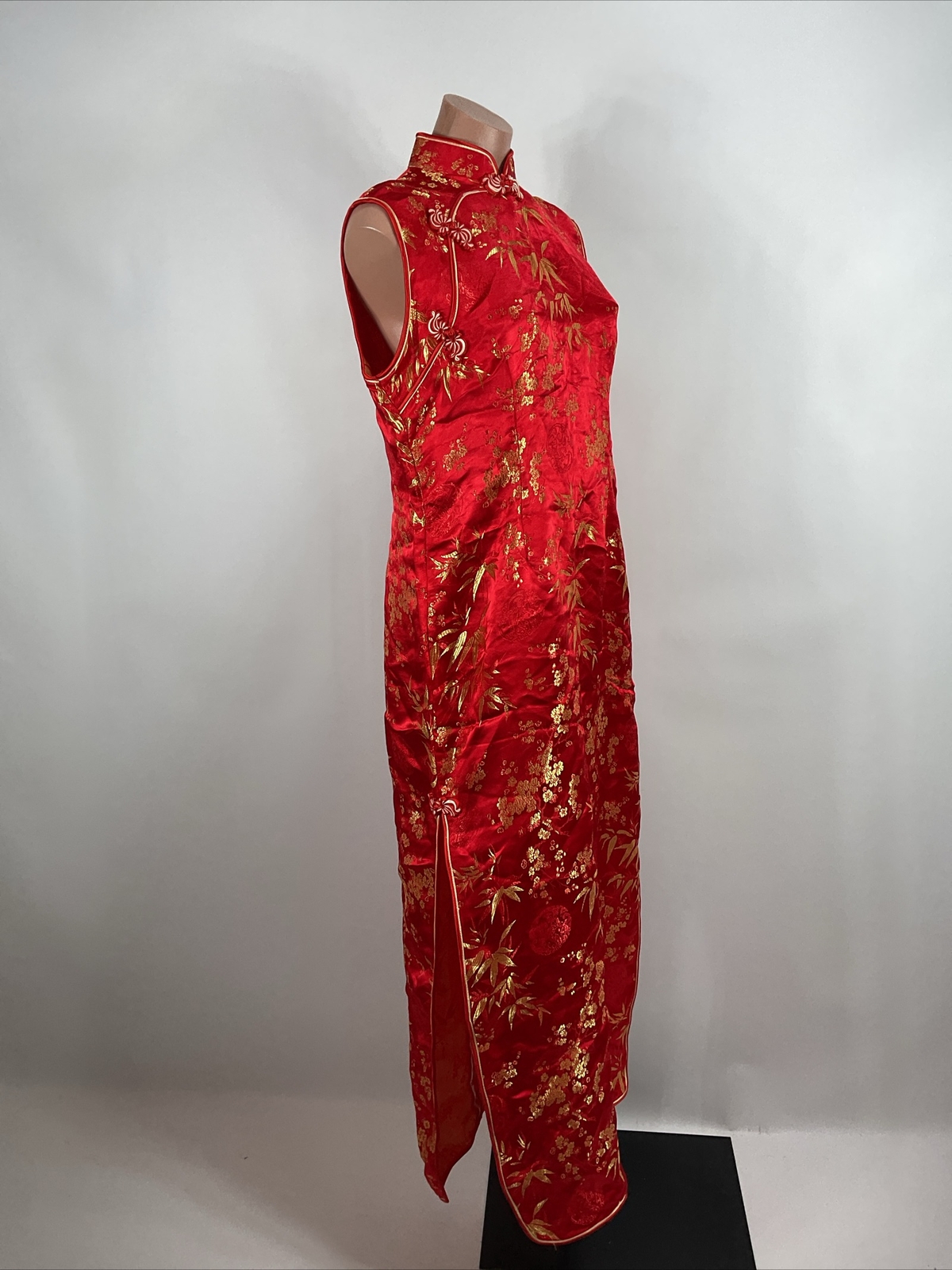 Asian Floral Cheongsam Vintage Dress Mandarin Collar Metallic Gold Red Sz 3xl PH