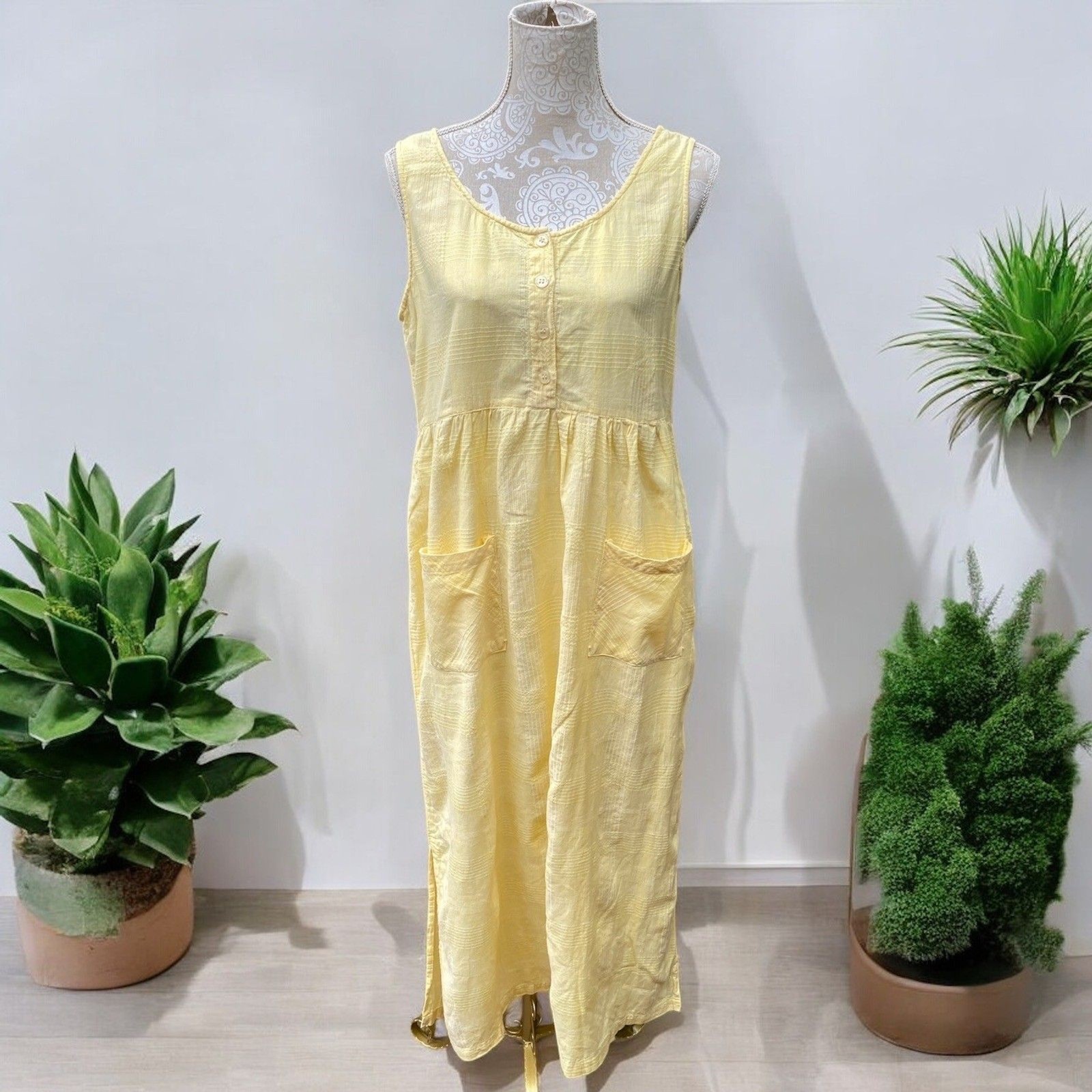 Vtg SITA M Butter Yellow SundressCotton Cottage Cabin Boho Plaid Texture Pocket