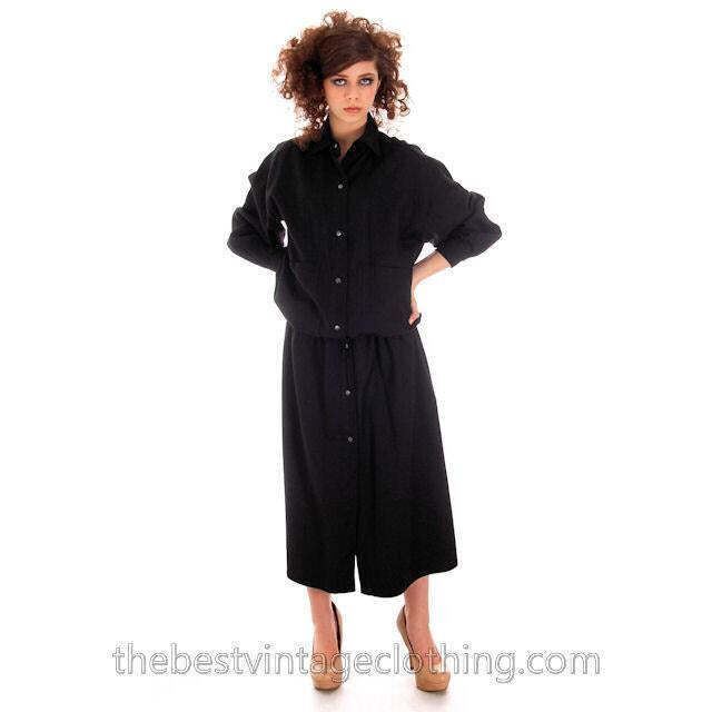 VTG 70s 80s Vuokko Finland Black Wool Snap Front Dropped Waist Dress M