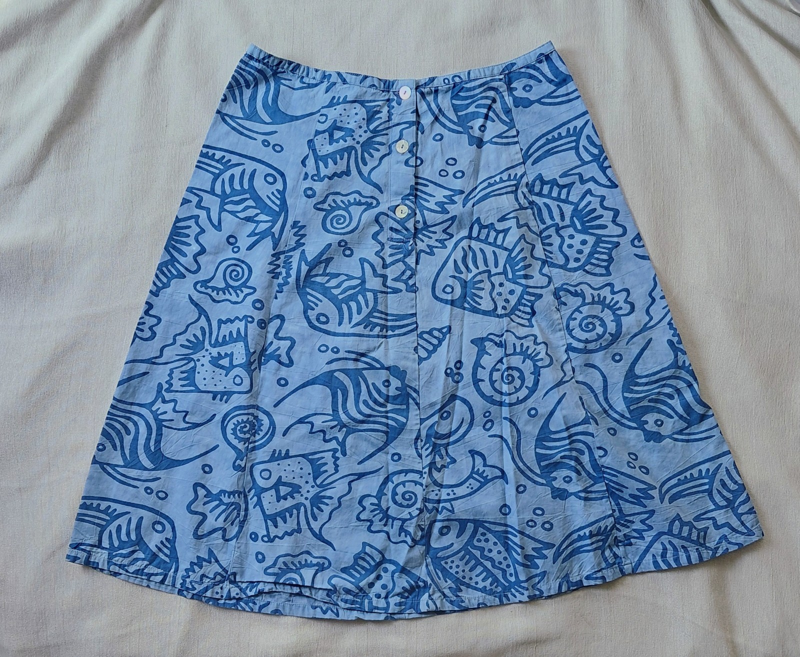 Vintage 1990s Palm Court Skirt Womens M Blue Batik Fish Print 100% Cotton MOP