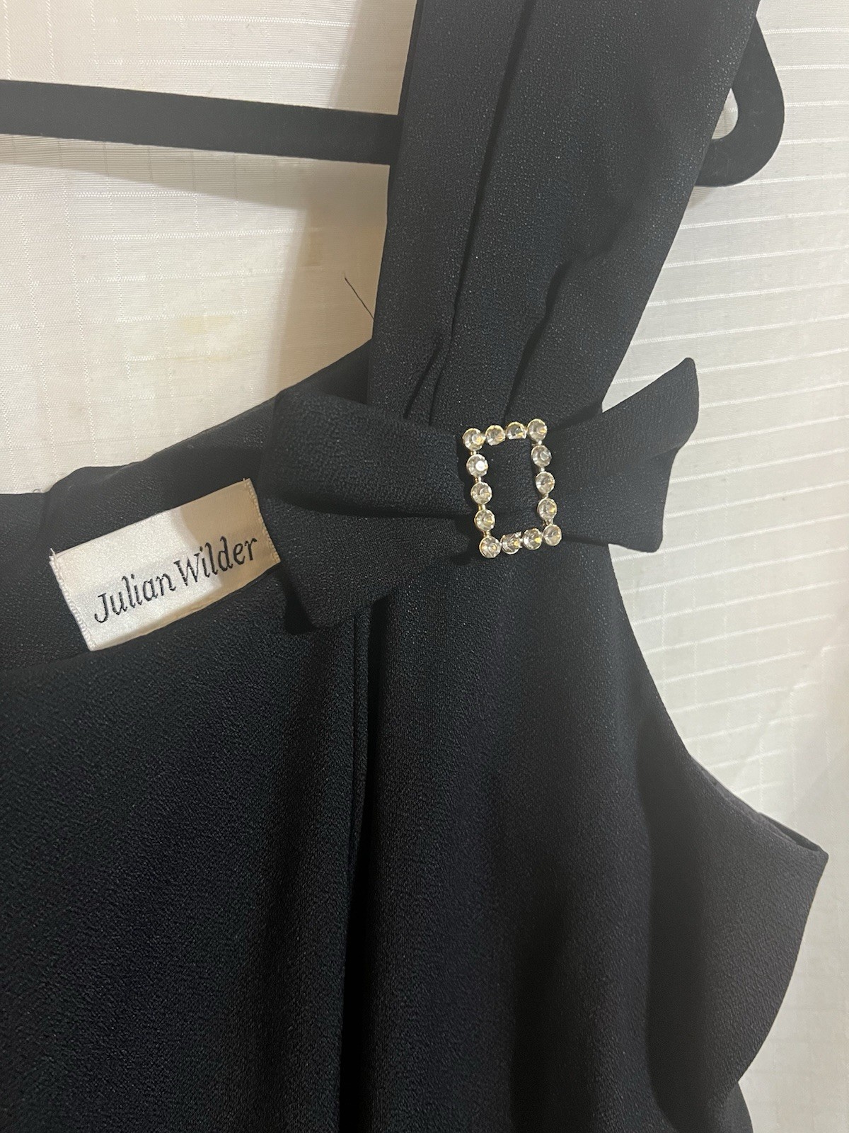 Vintage 1990s Black Rhinestone Bow Crepe Party Dance Dress Julian Wilder