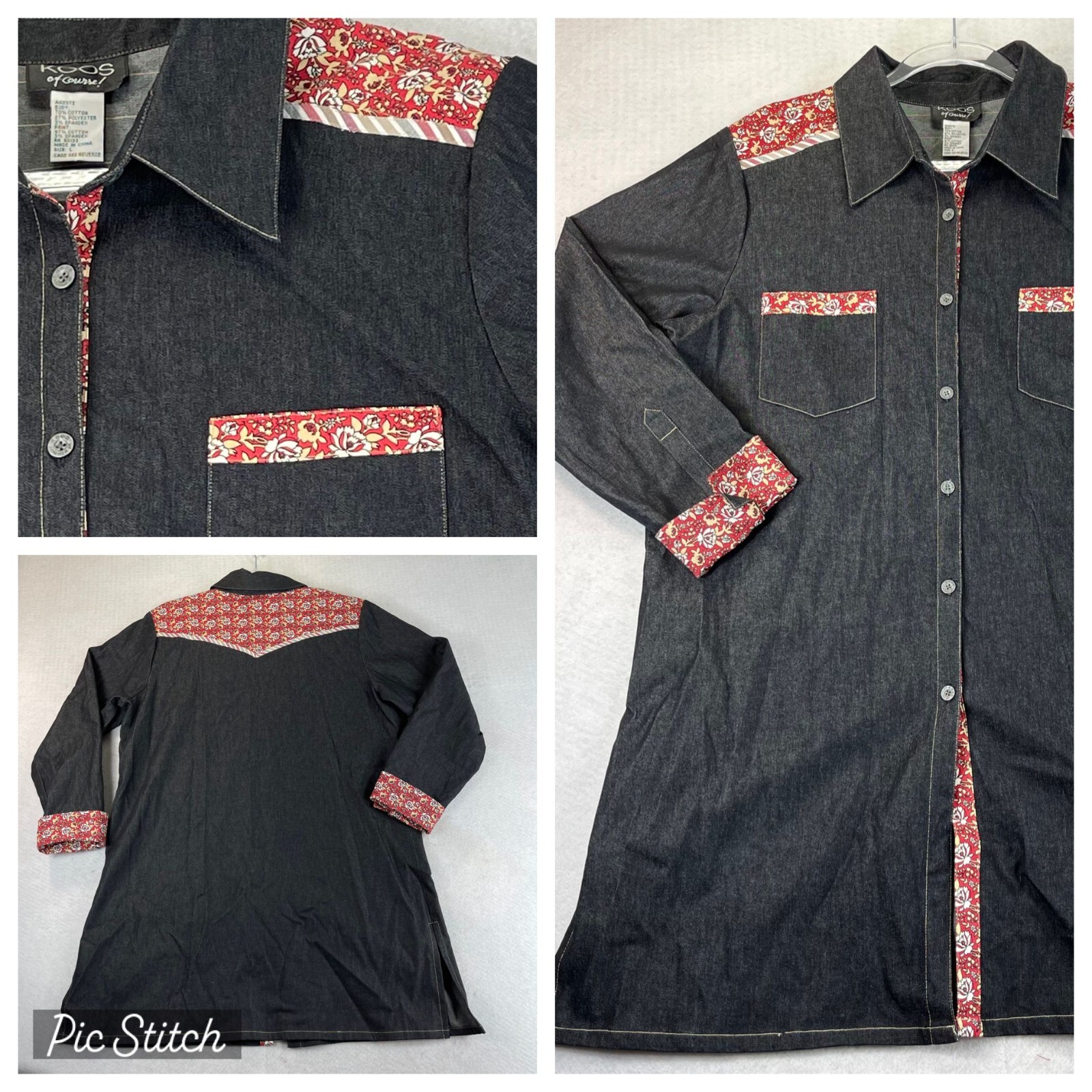 Vintage Dress L Womens Western Floral Stretch Denim Black Slit Cotton Blend
