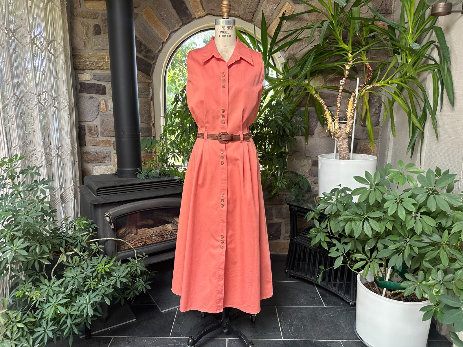 Vintage 1990s Muted Coral Cotton Denim Button Front Dress Fads