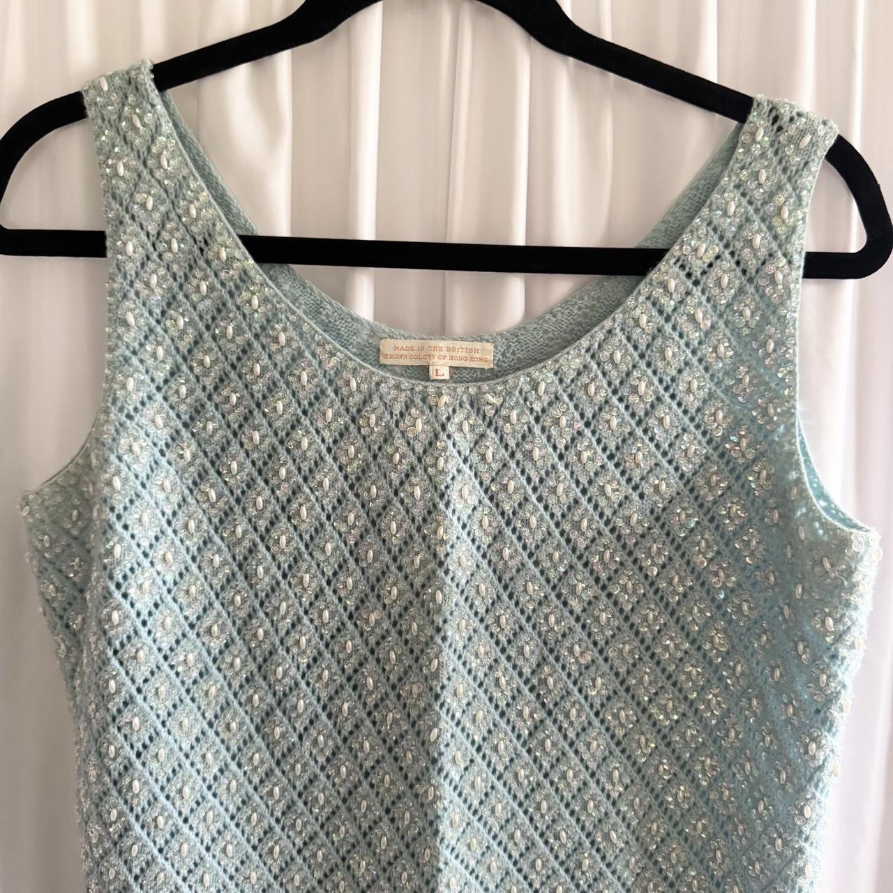 Vintage 70s Baby Blue Crochet Knit & White Sequin Beaded Pearl Trim Fairy Top L