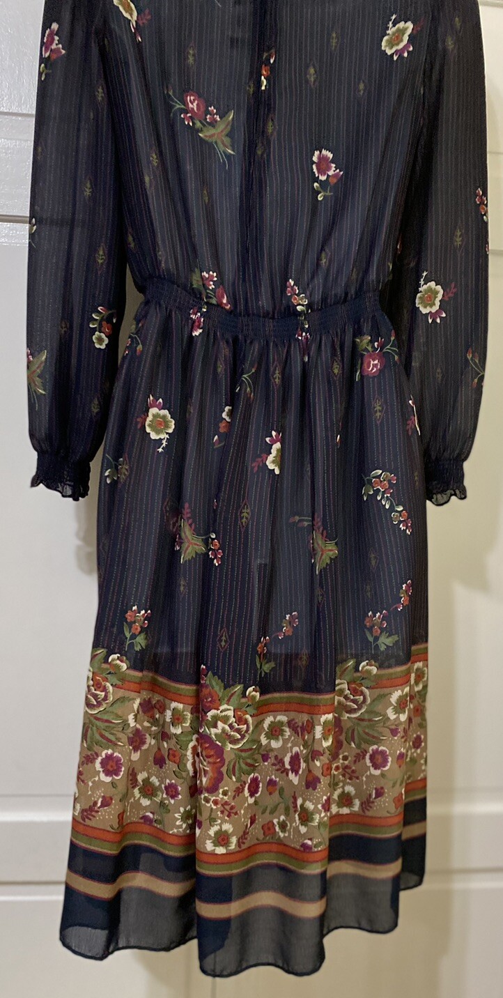 Vintage LF Petite Union Made Blue Floral Print Mock Neck Secretary Dress Size 4