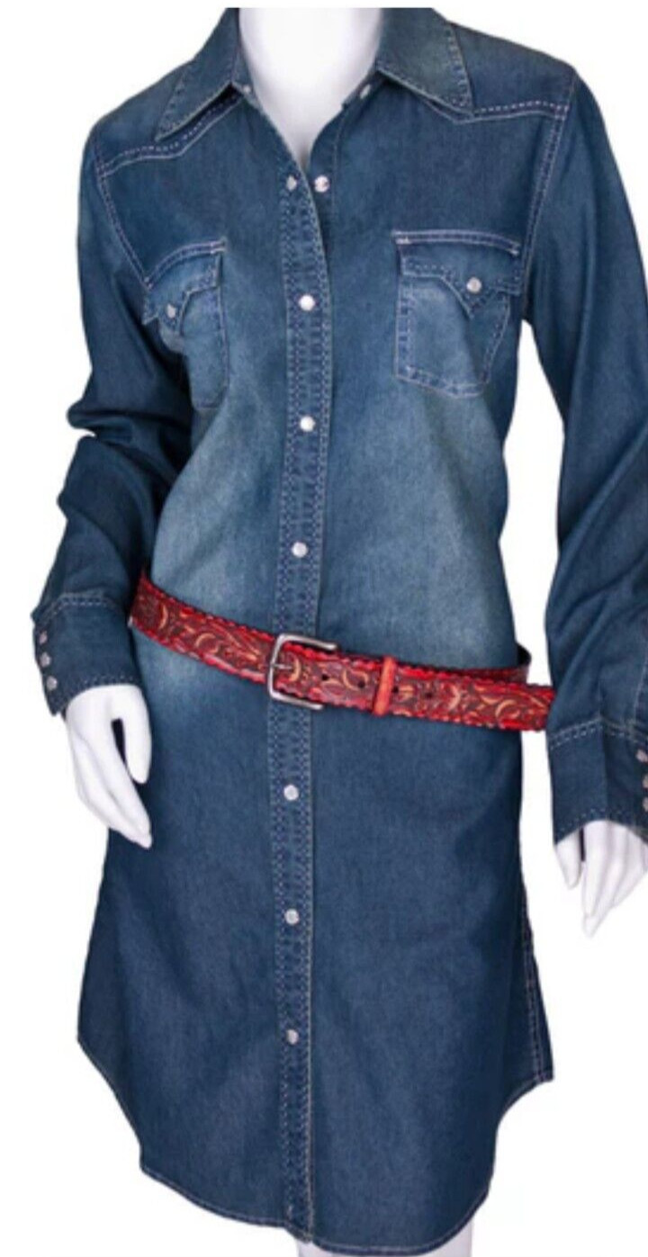 Vtg 90s Y2k Adriana Denim Jean Shirt Dress Snap Front Dark Wash Duster S Rodeo